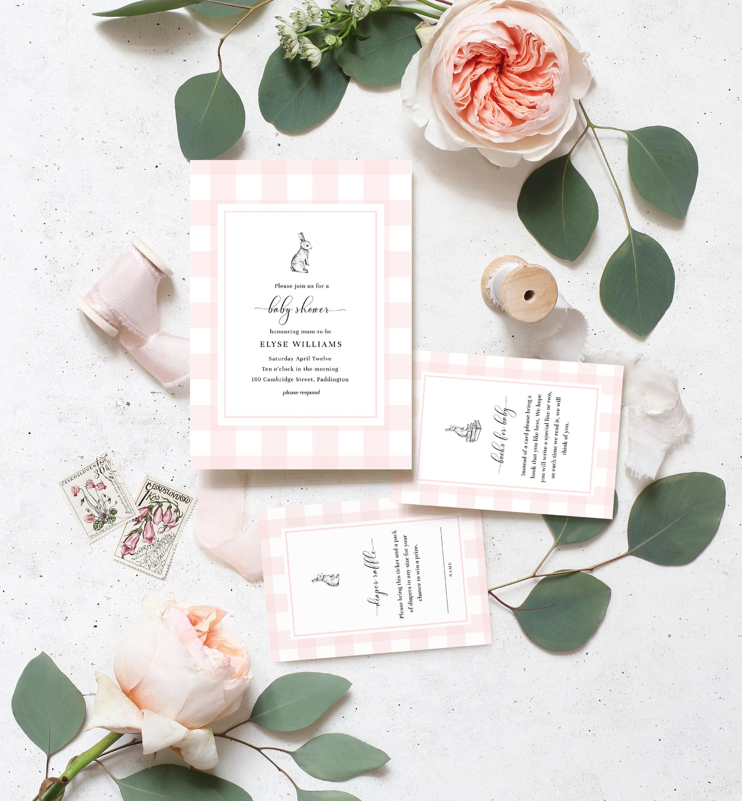 Gingham Pink Bunny | Printable Baby Shower Invitation Suite Template