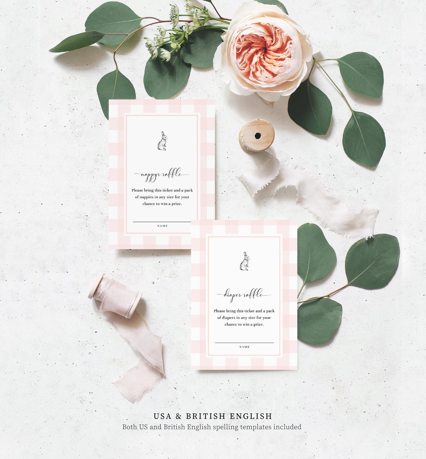 Gingham Pink Bunny | Printable Baby Shower Invitation Suite Template
