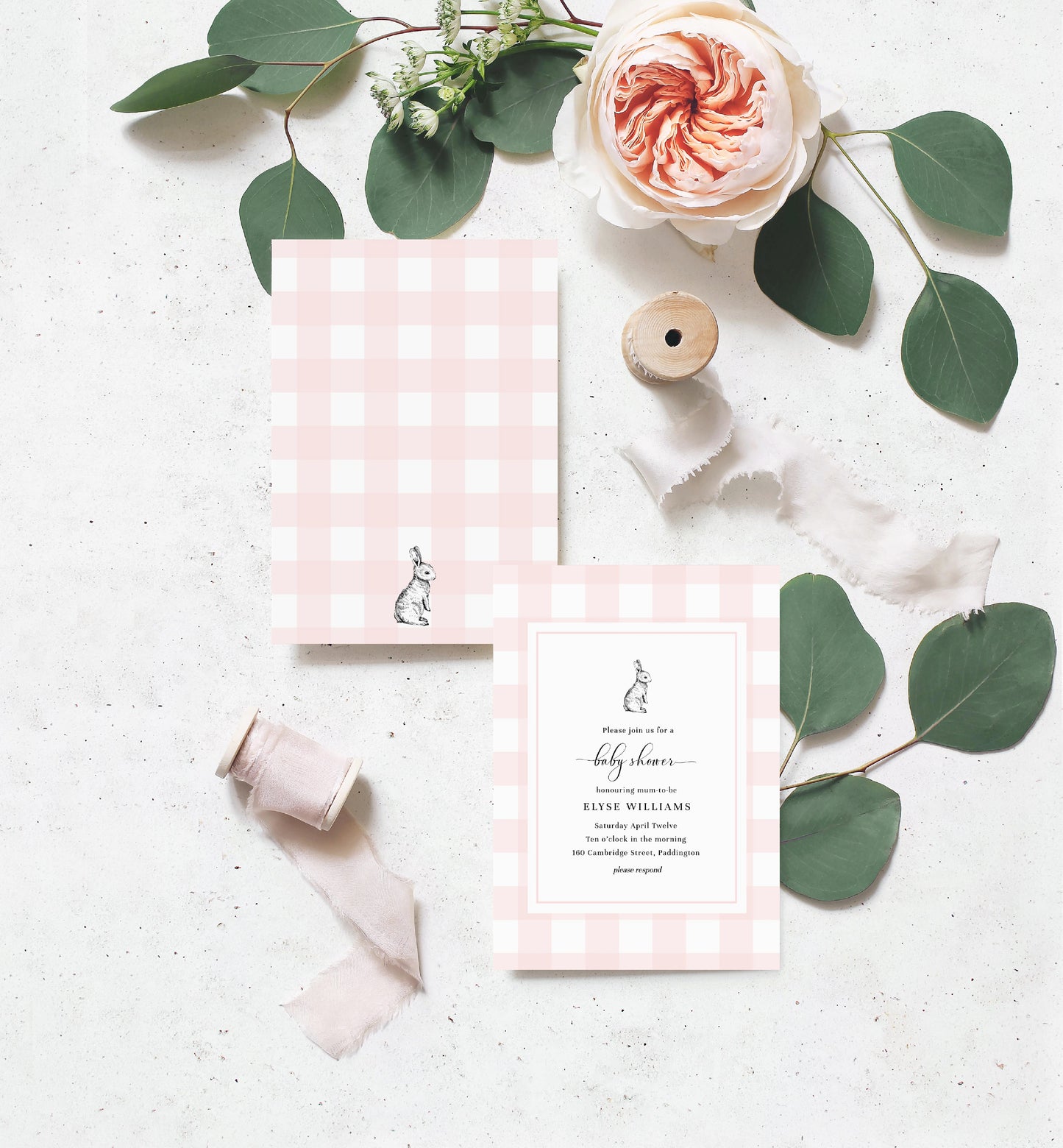 Gingham Pink Bunny | Printable Baby Shower Invitation Suite Template