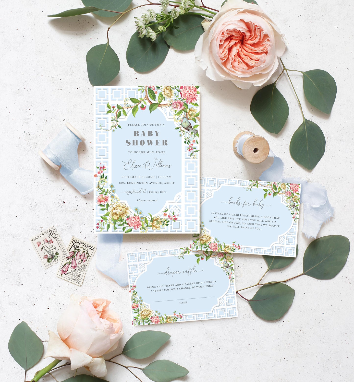 Trianon Blue | Printable Baby Shower Invitation Suite - Black Bow Studio