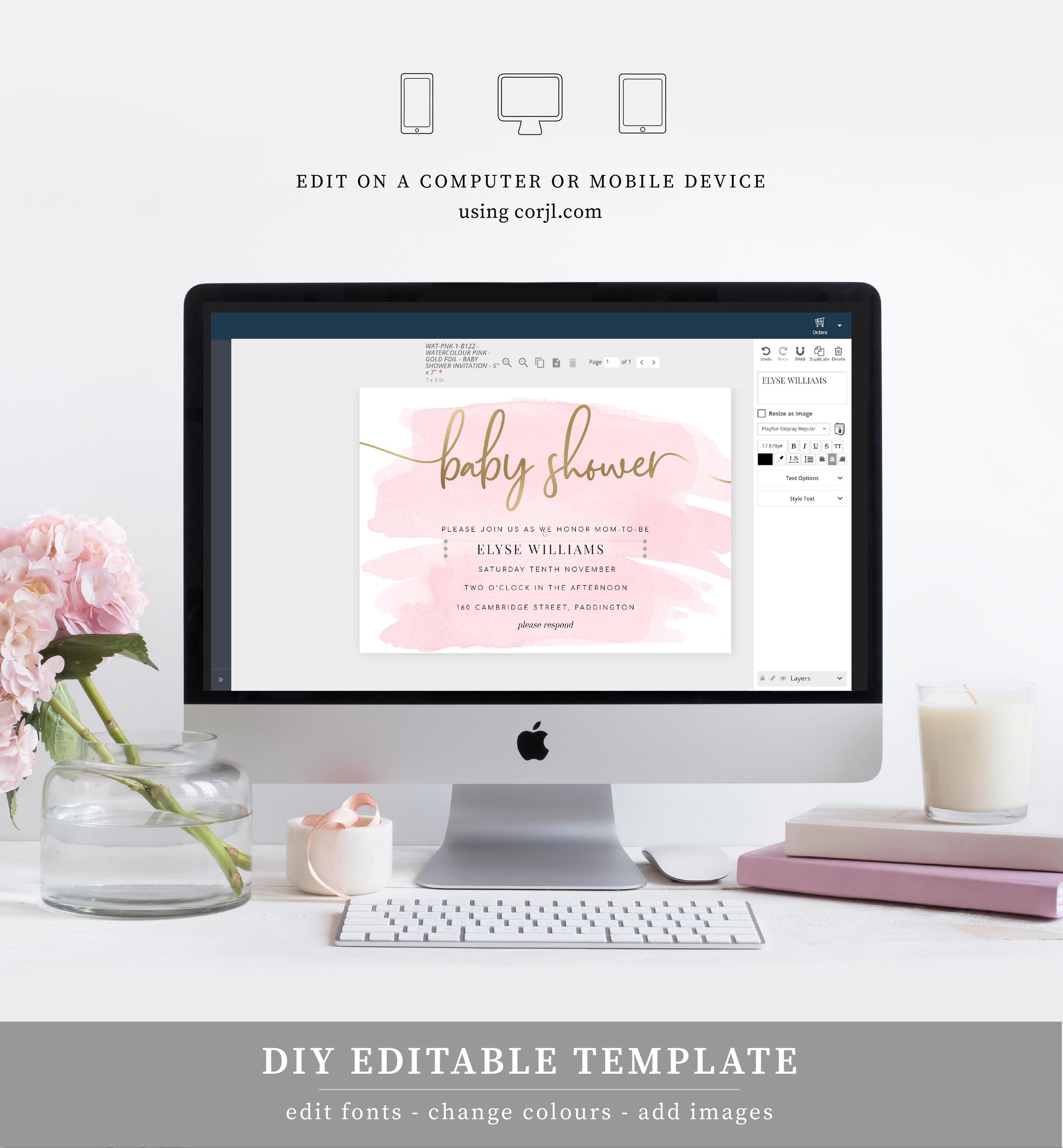 Watercolour Pink | Printable Baby Shower Invitation Suite - Black Bow Studio