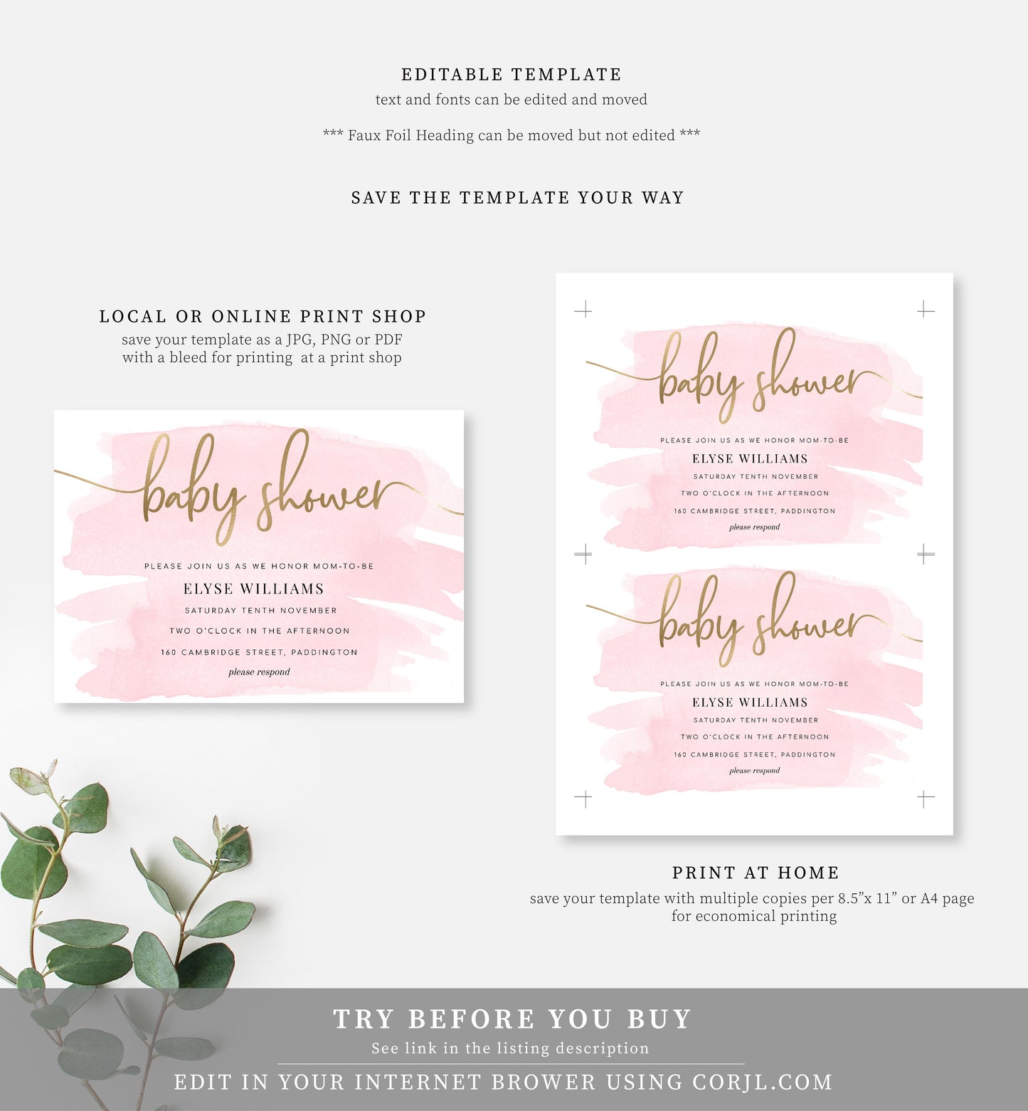 Watercolour Pink | Printable Baby Shower Invitation Suite - Black Bow Studio
