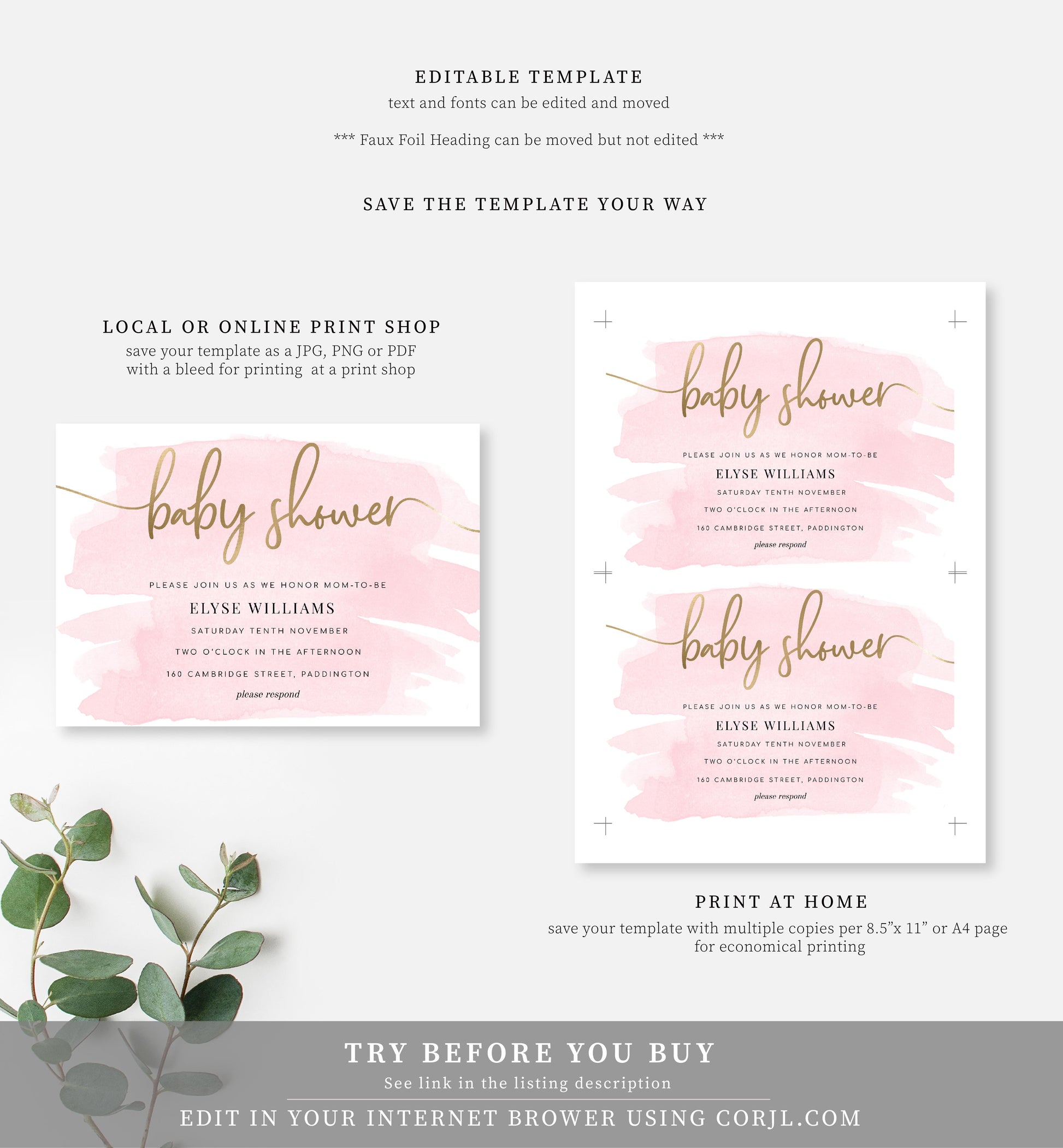 Watercolour Pink | Printable Baby Shower Invitation Suite - Black Bow Studio
