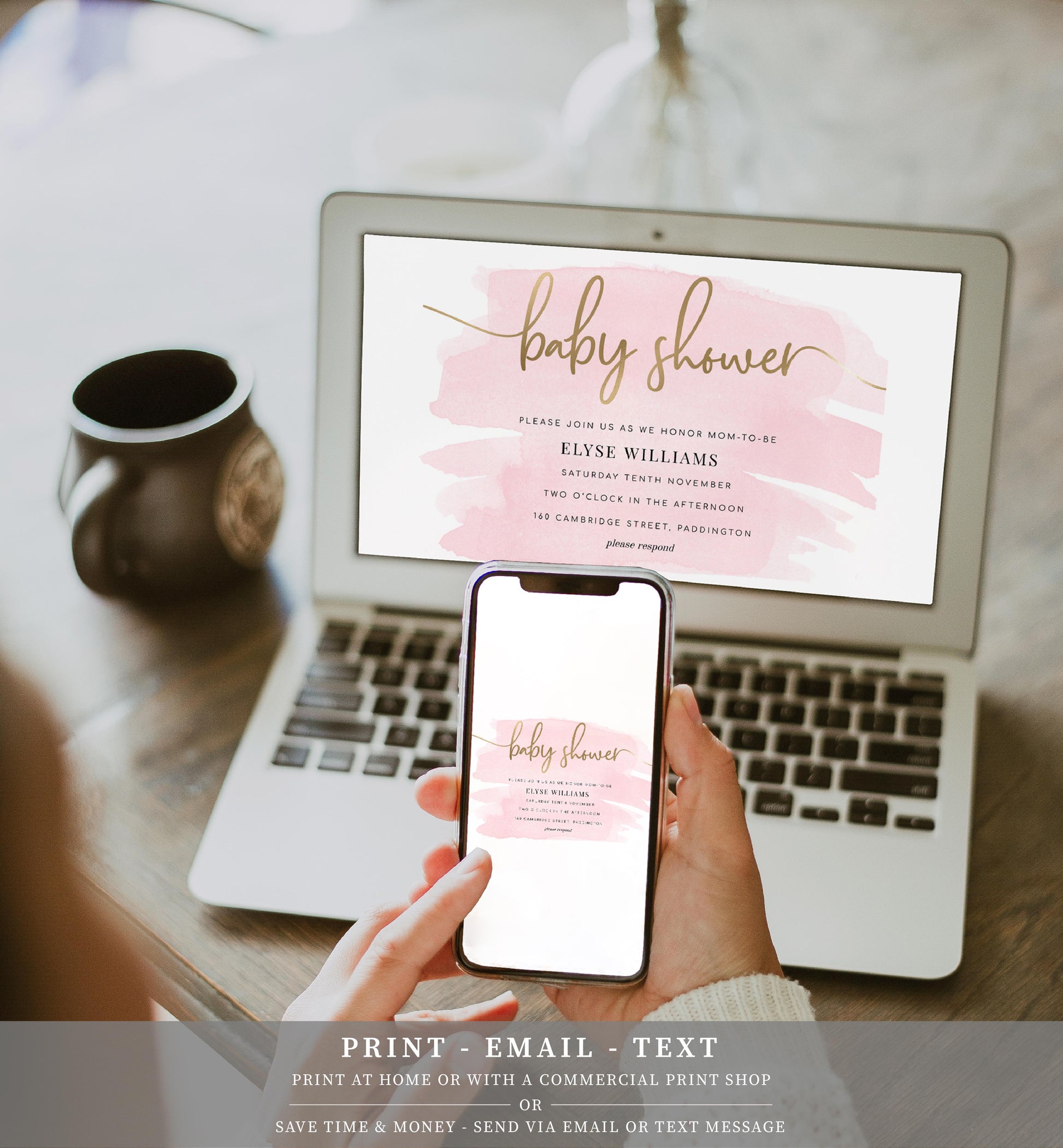 Watercolour Pink | Printable Baby Shower Invitation Suite - Black Bow Studio