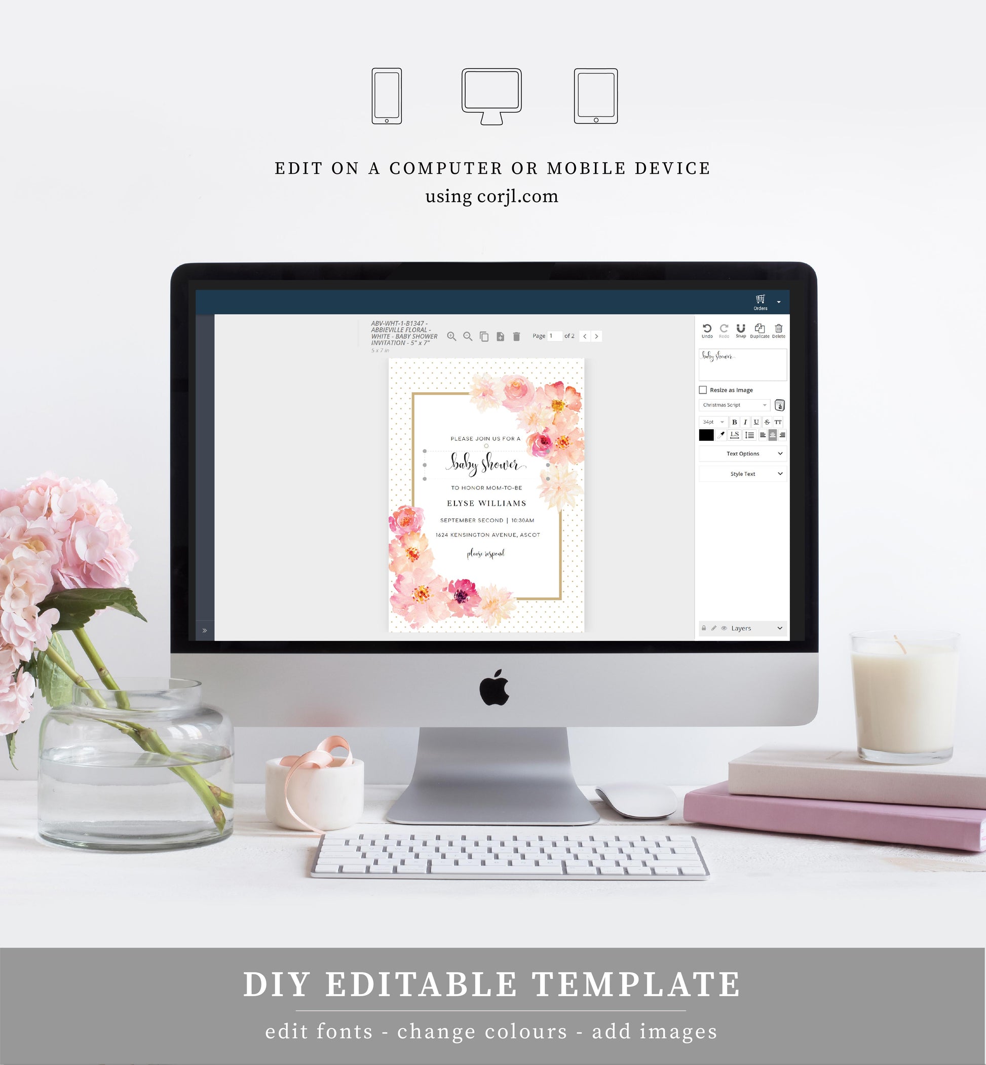 Abbieville Floral White | Printable Baby Shower Invitation Suite Template - Black Bow Studio