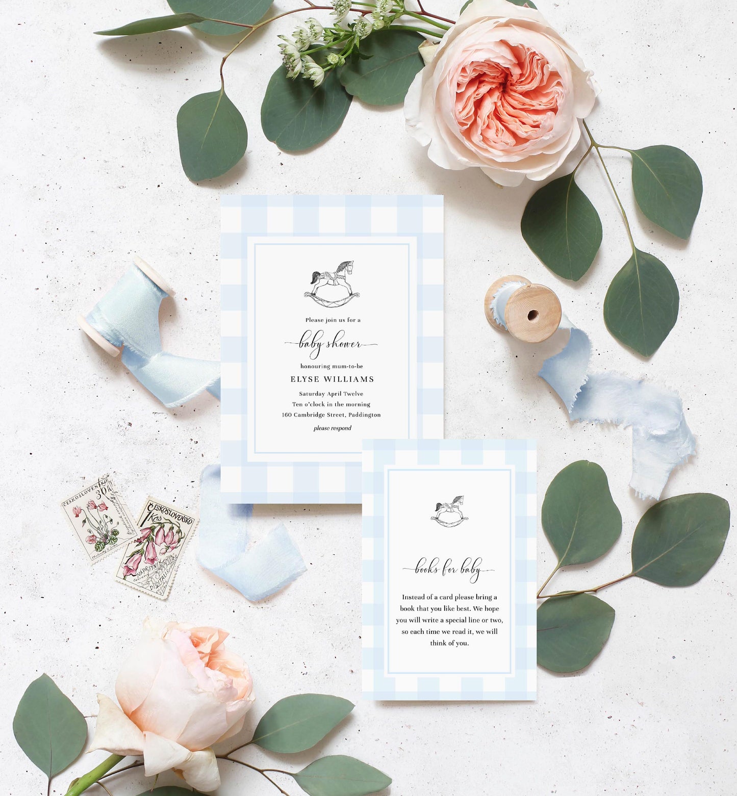 Gingham Blue Rocking Horse | Printable Baby Shower Invitation Suite