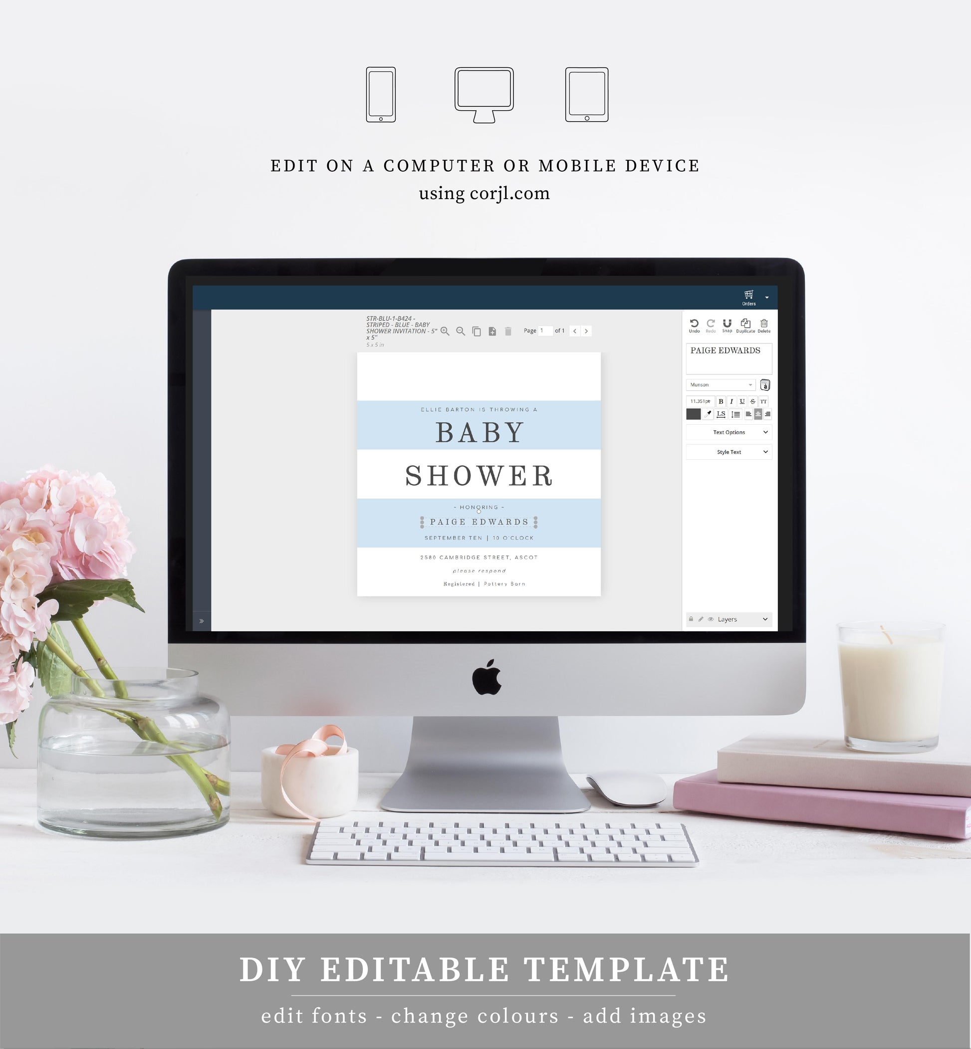 Stripe Blue | Printable Baby Shower Invitation - Black Bow Studio