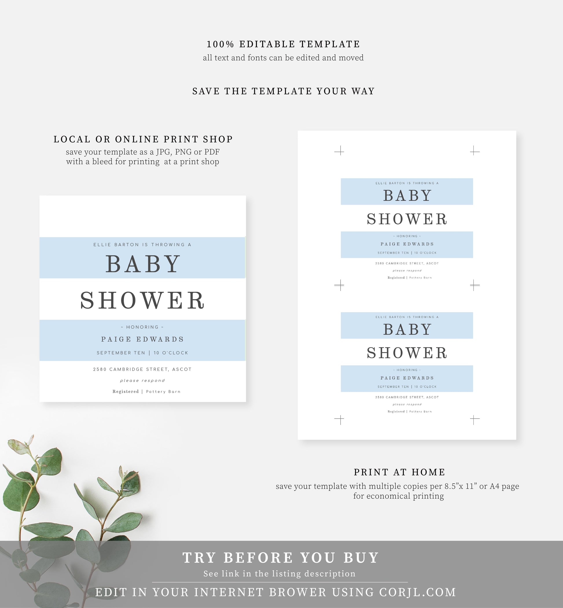 Stripe Blue | Printable Baby Shower Invitation - Black Bow Studio