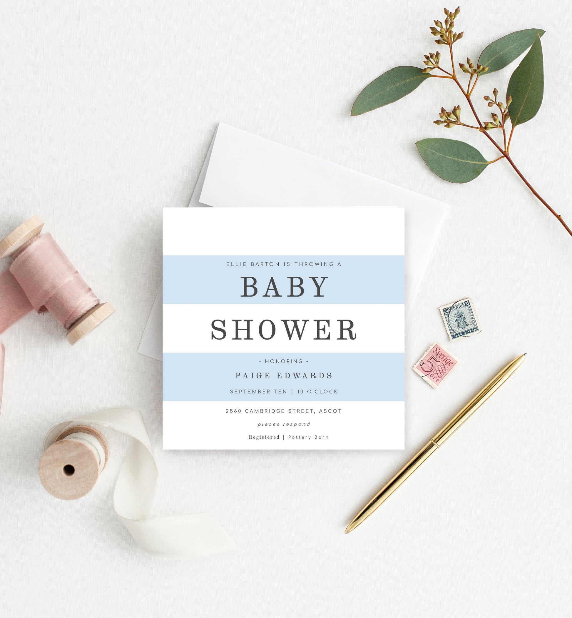 Stripe Blue | Printable Baby Shower Invitation - Black Bow Studio