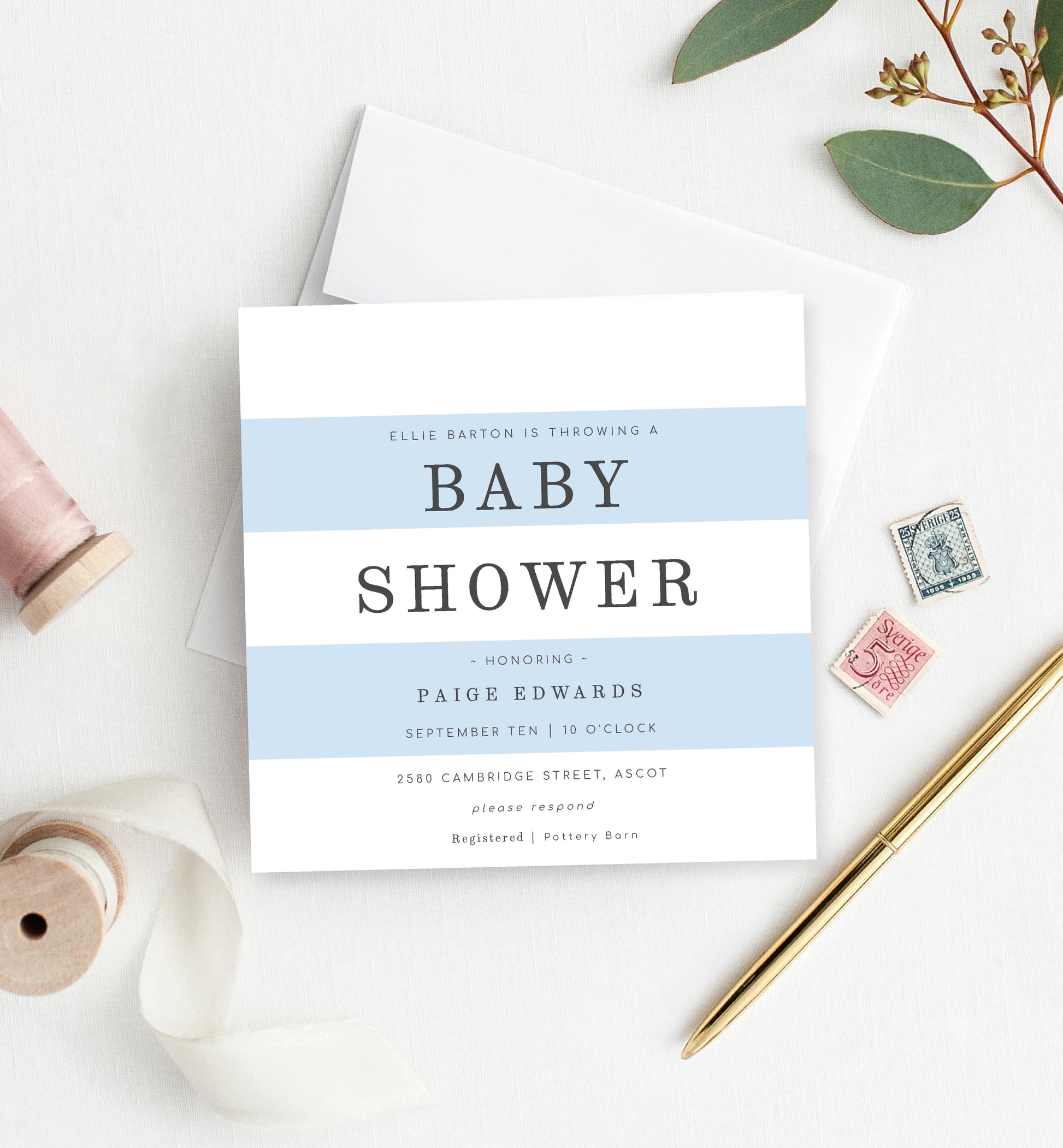 Stripe Blue | Printable Baby Shower Invitation - Black Bow Studio