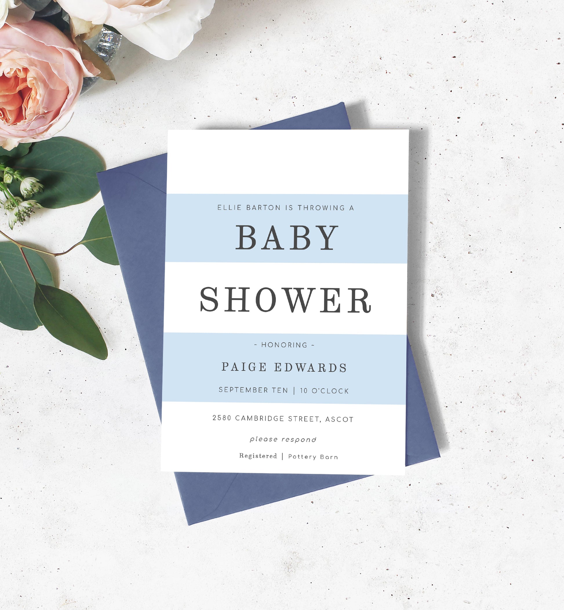 Stripe Blue | Printable Baby Shower Invitation - Black Bow Studio