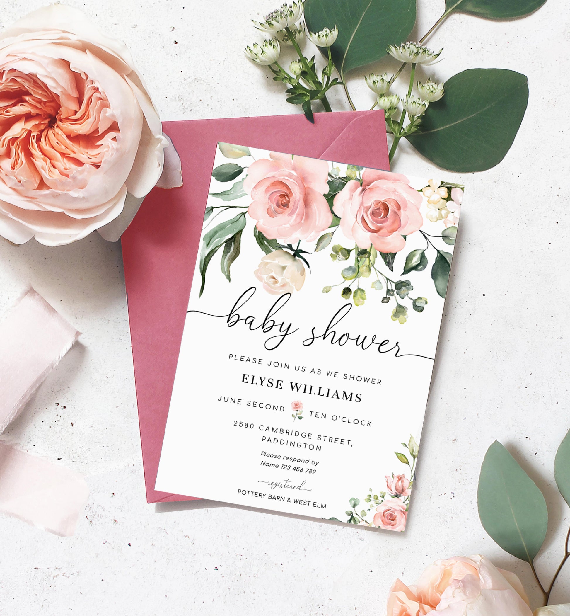 Darcy Floral Pink | Printable Baby Shower Invitation Suite Template - Black Bow Studio