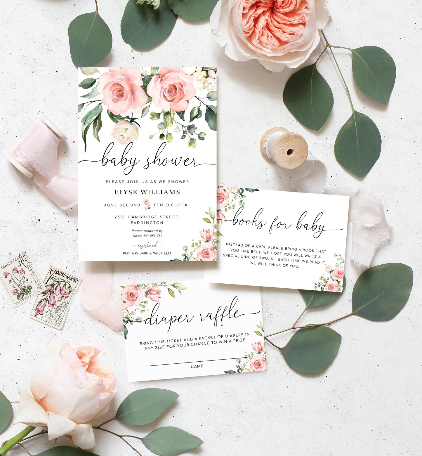 Darcy Floral Pink | Printable Baby Shower Invitation Suite Template - Black Bow Studio