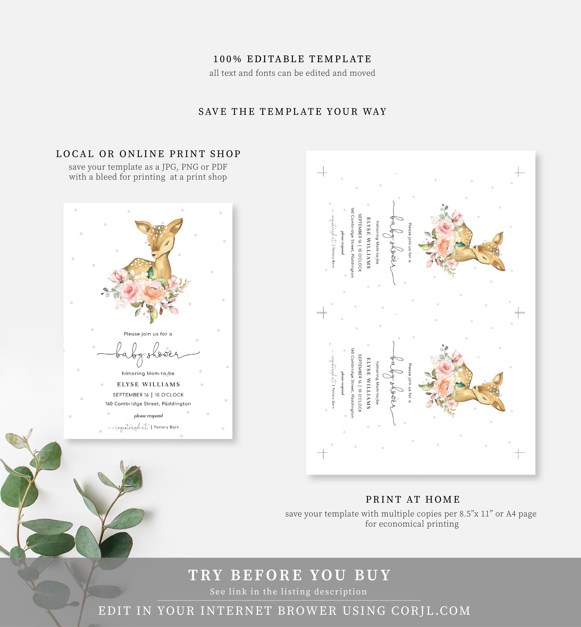 Oh Deer Blue | Baby Shower Invitation Suite - Black Bow Studio