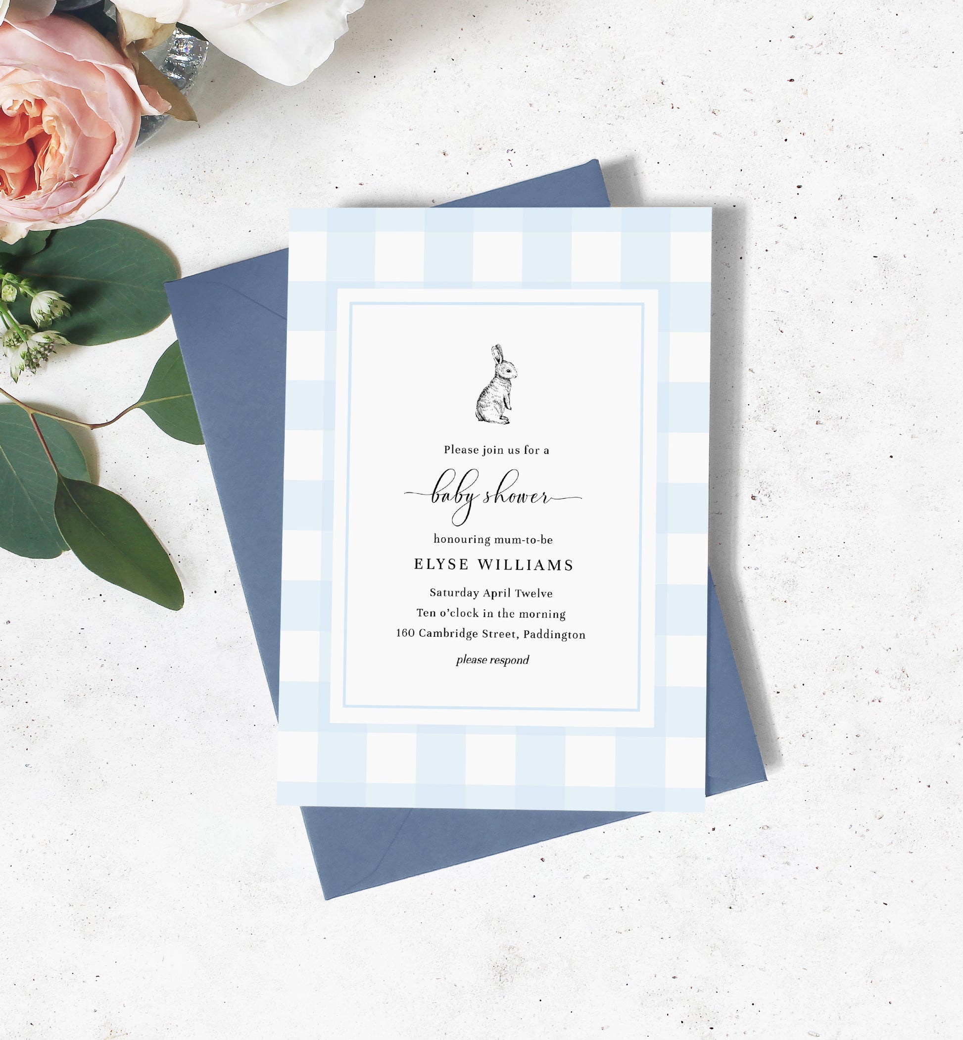 Gingham Blue Bunny | Printable Baby Shower Invitation Suite Template - Black Bow Studio