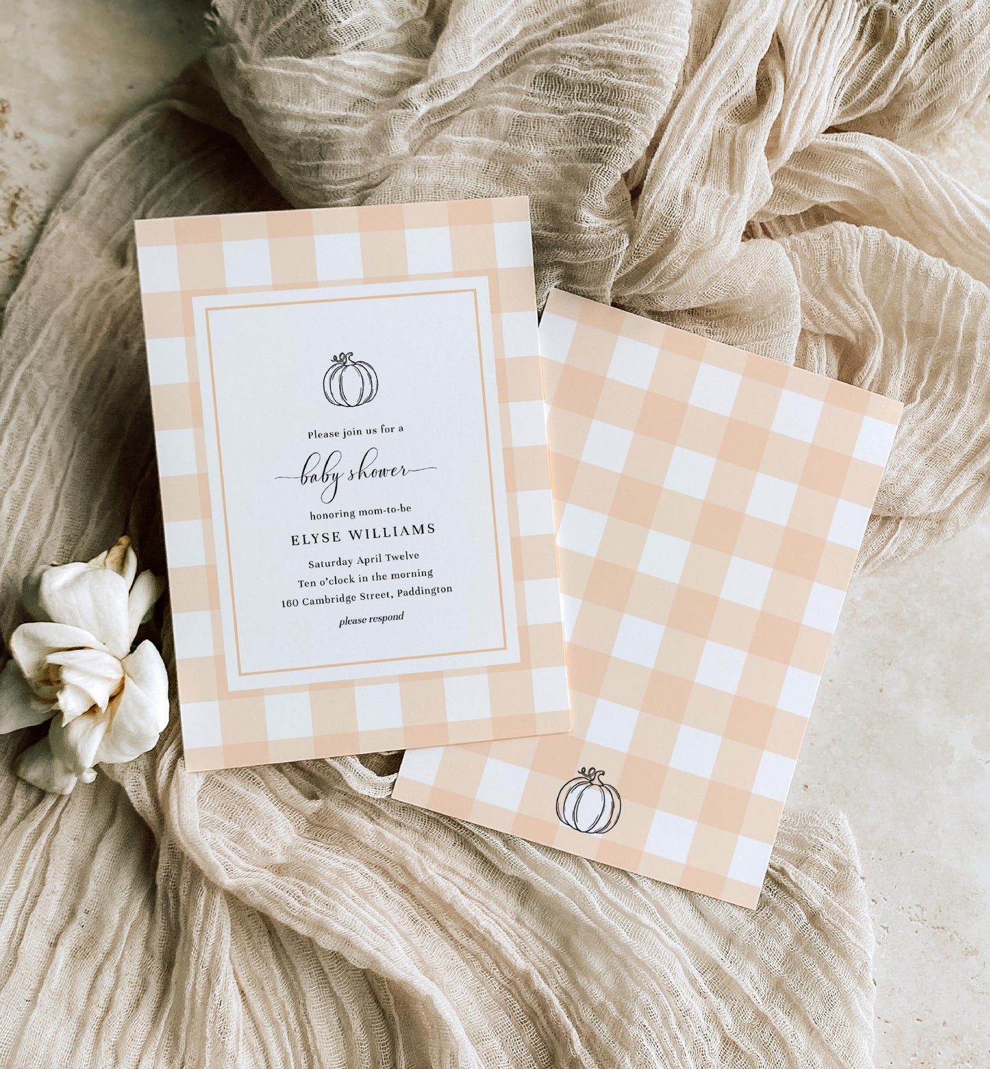 Gingham Peach Pumpkin | Printable Baby Shower Invitation Suite