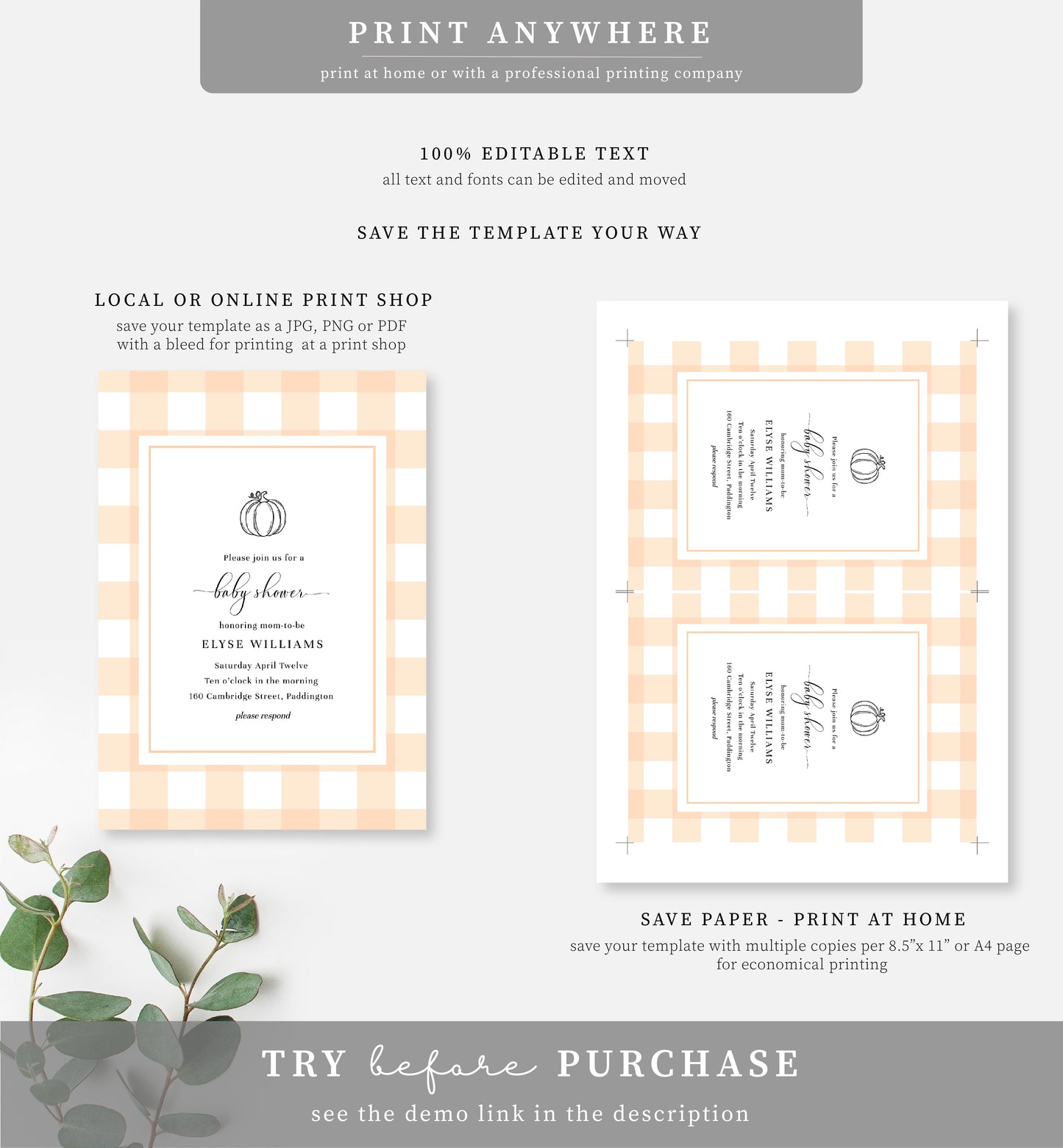 Gingham Peach Pumpkin | Printable Baby Shower Invitation Suite