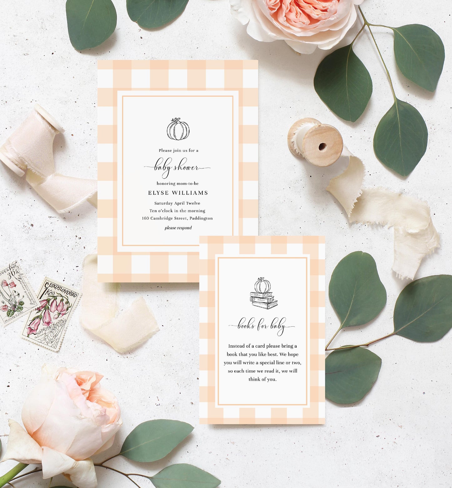 Gingham Peach Pumpkin | Printable Baby Shower Invitation Suite