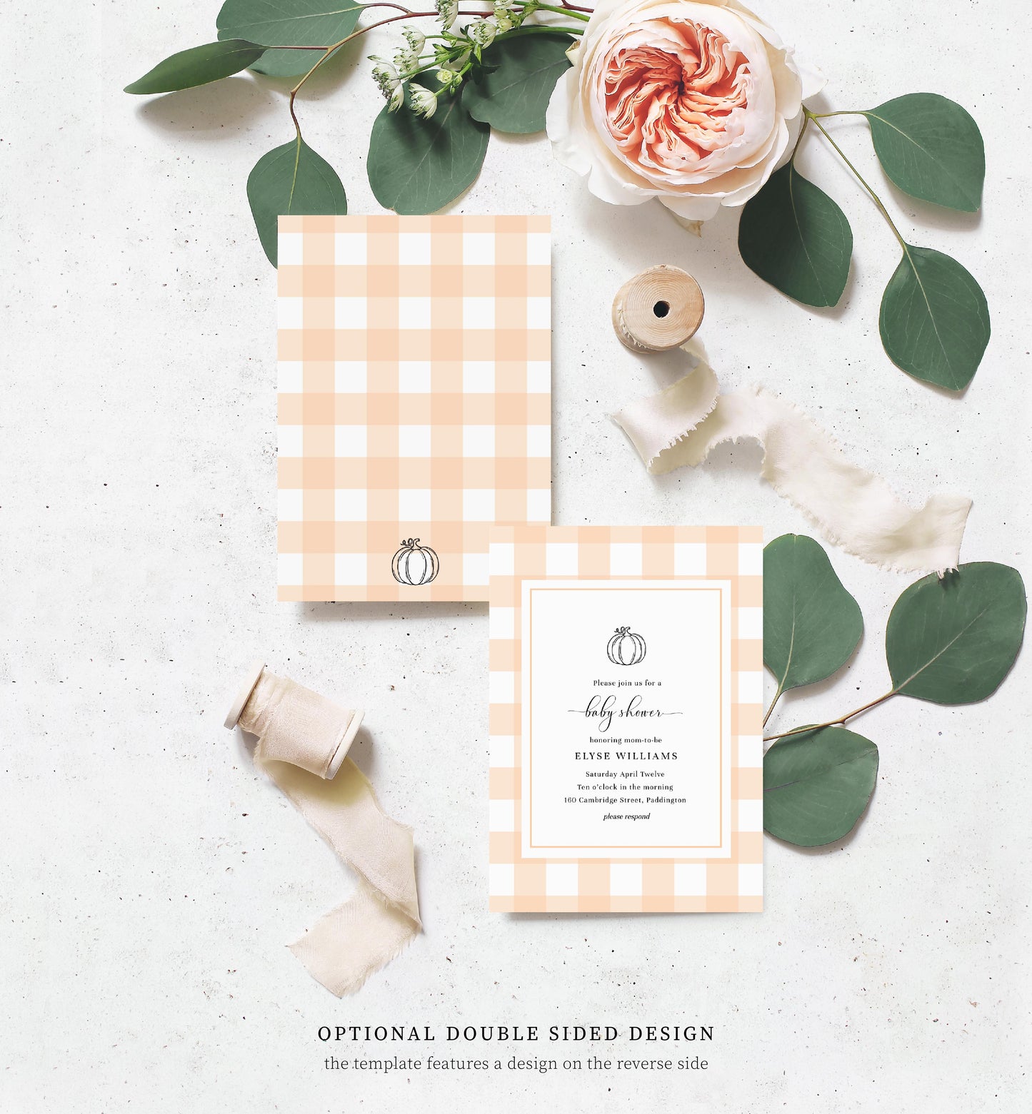 Gingham Peach Pumpkin | Printable Baby Shower Invitation Suite