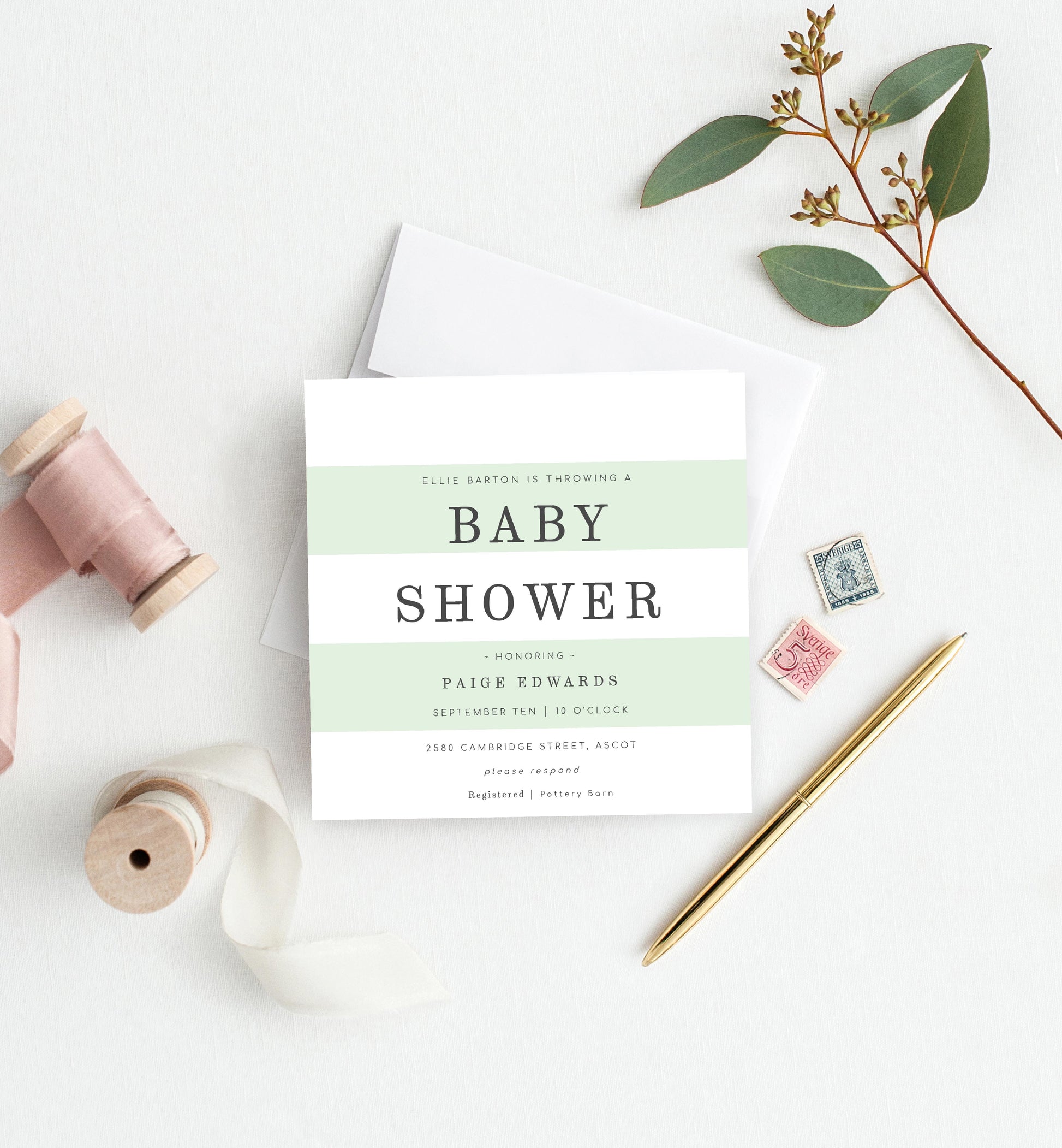Stripe Mint Green | Printable Baby Shower Invitation - Black Bow Studio