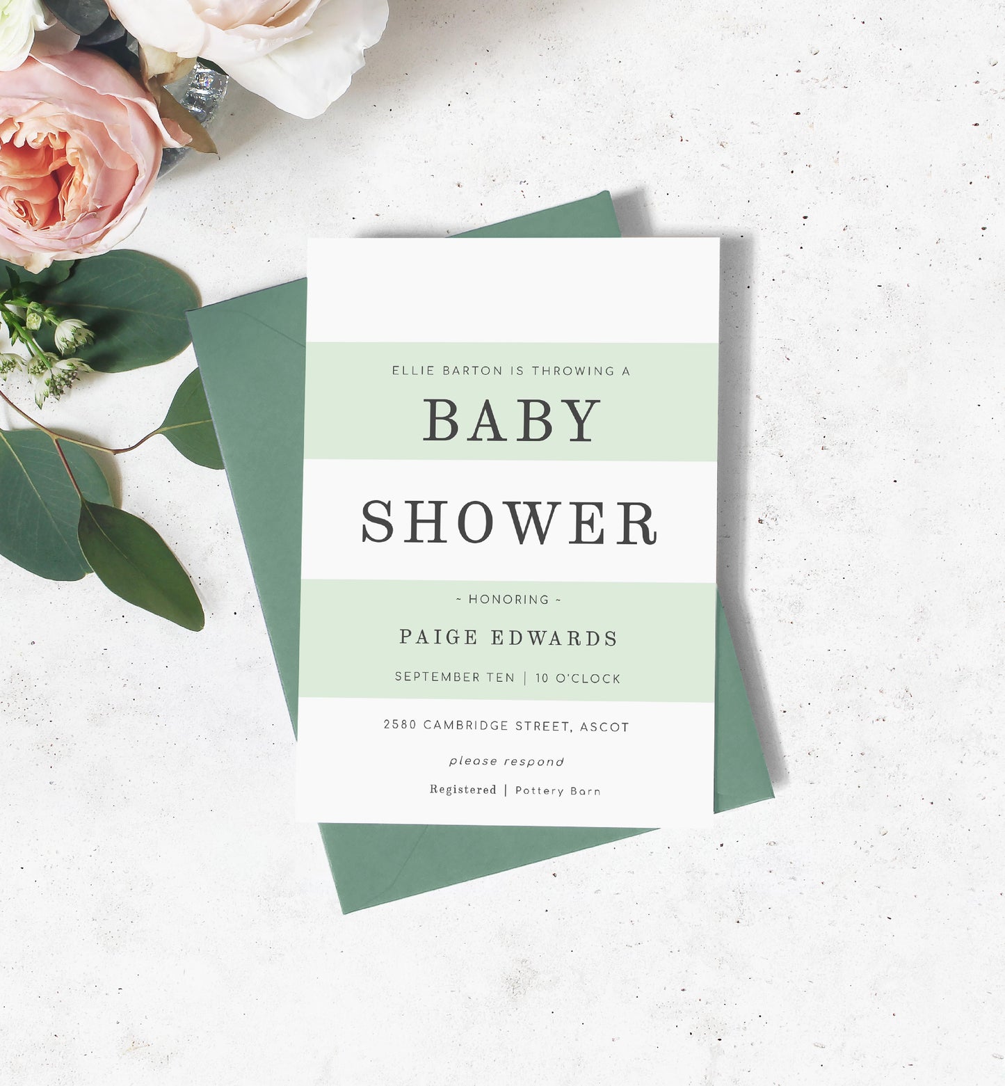 Stripe Mint Green | Printable Baby Shower Invitation - Black Bow Studio