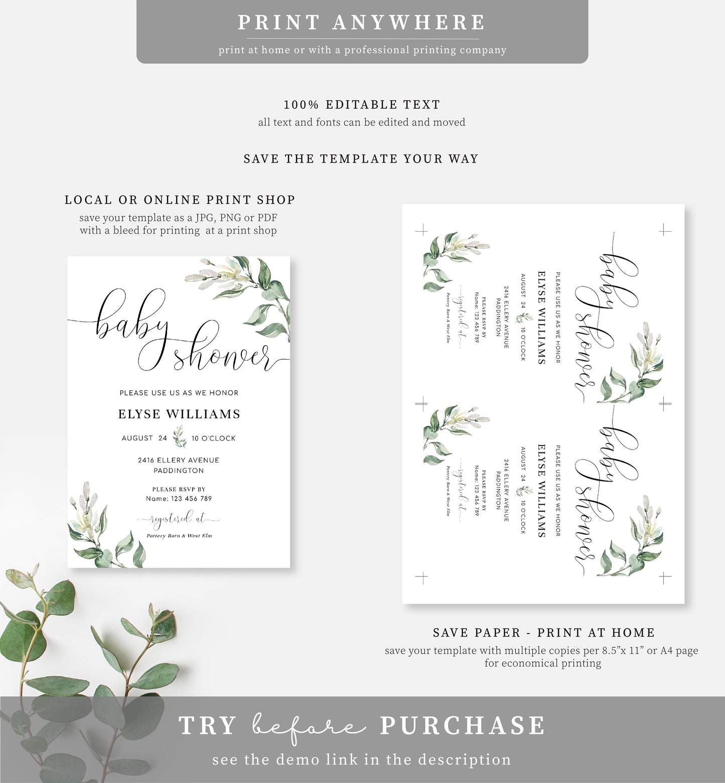 Muted Greenery | Printable Baby Shower Invitation