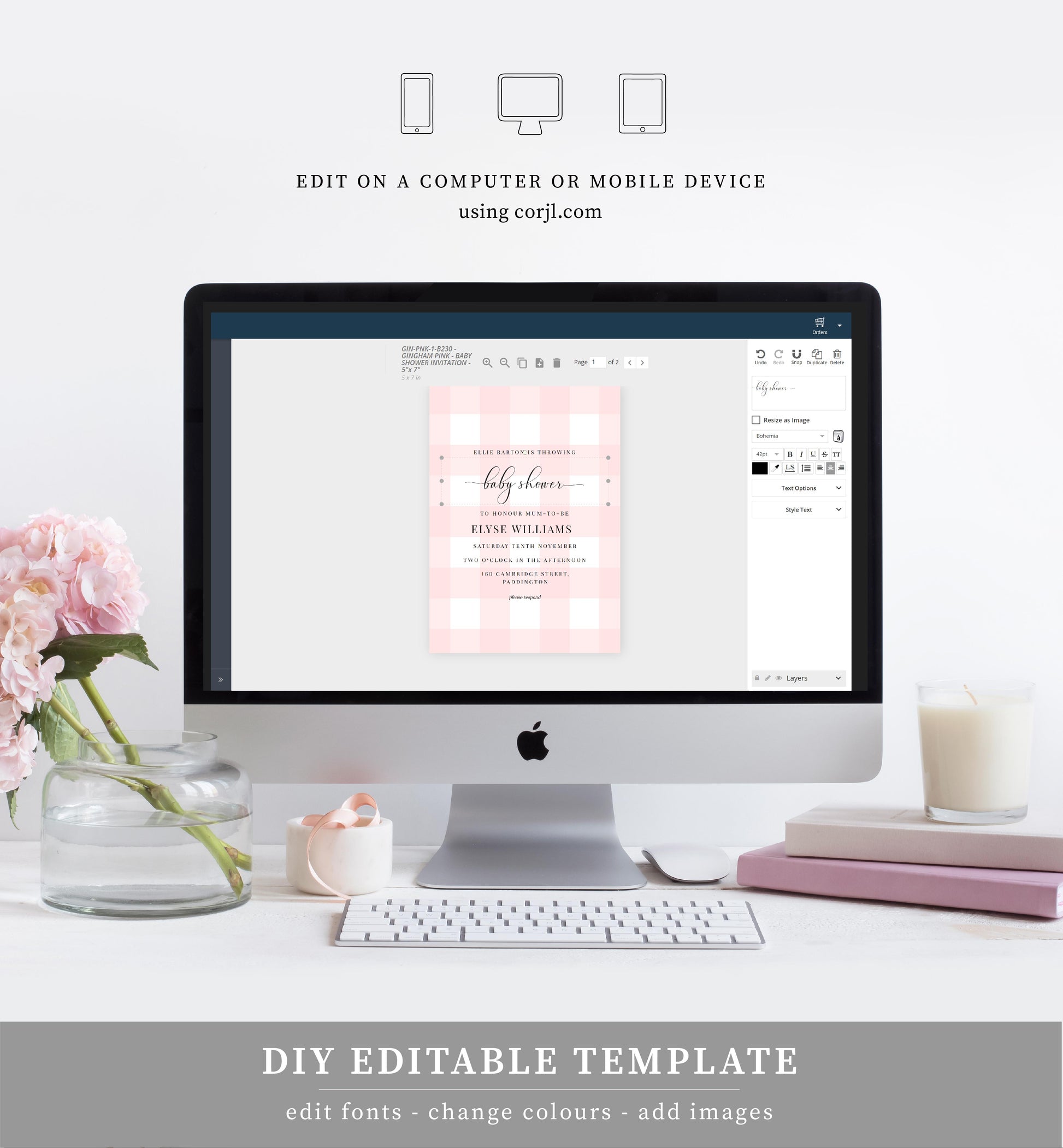 Gingham Pink | Printable Baby Shower Invitation Suite - Black Bow Studio