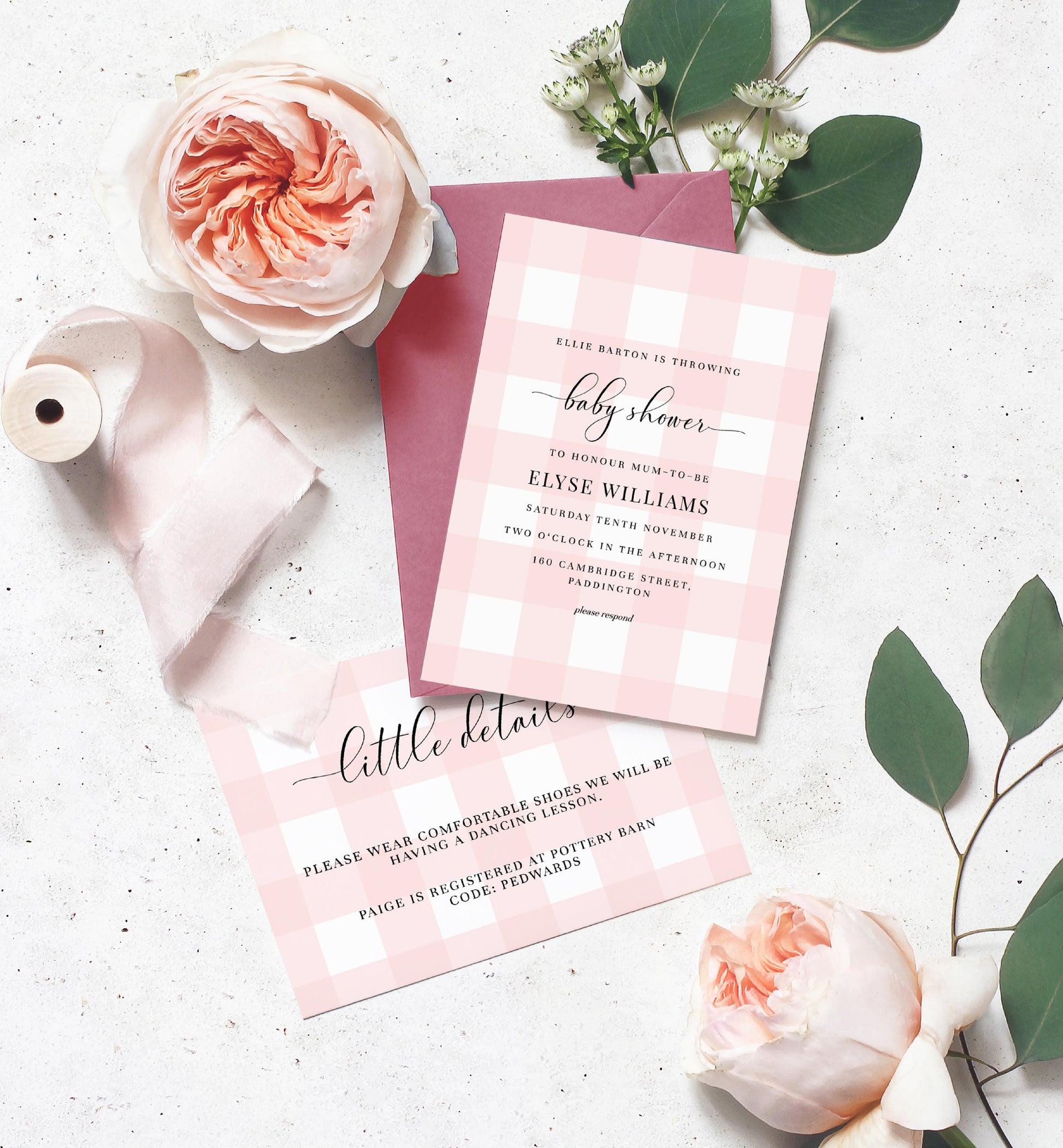 Gingham Pink | Printable Baby Shower Invitation Suite - Black Bow Studio