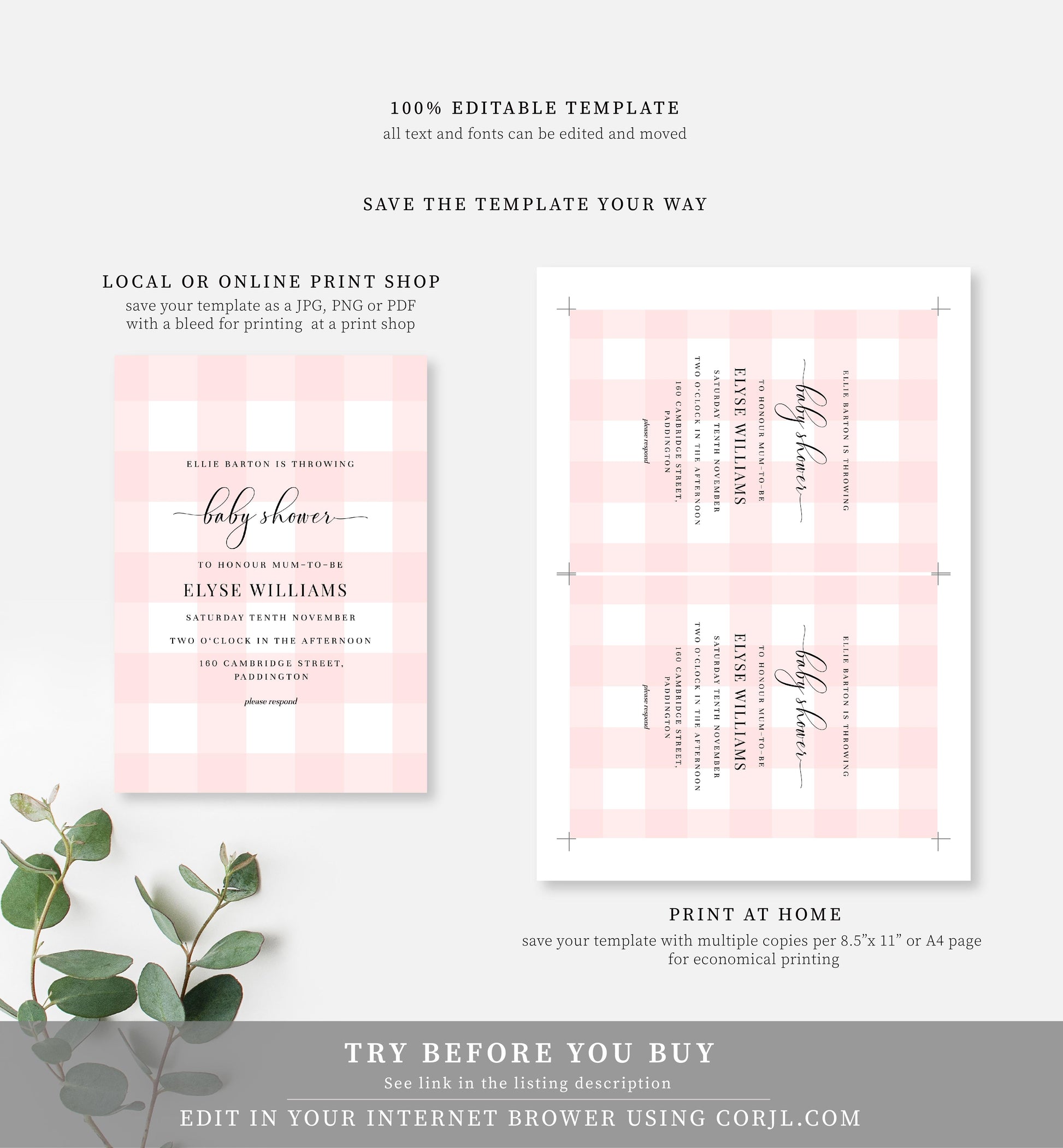 Gingham Pink | Printable Baby Shower Invitation Suite - Black Bow Studio