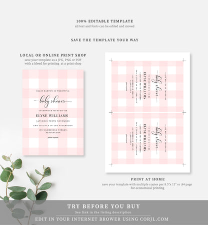 Gingham Pink | Printable Baby Shower Invitation Suite - Black Bow Studio