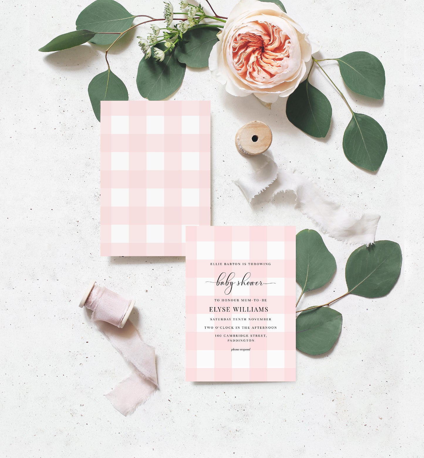 Gingham Pink | Printable Baby Shower Invitation Suite - Black Bow Studio