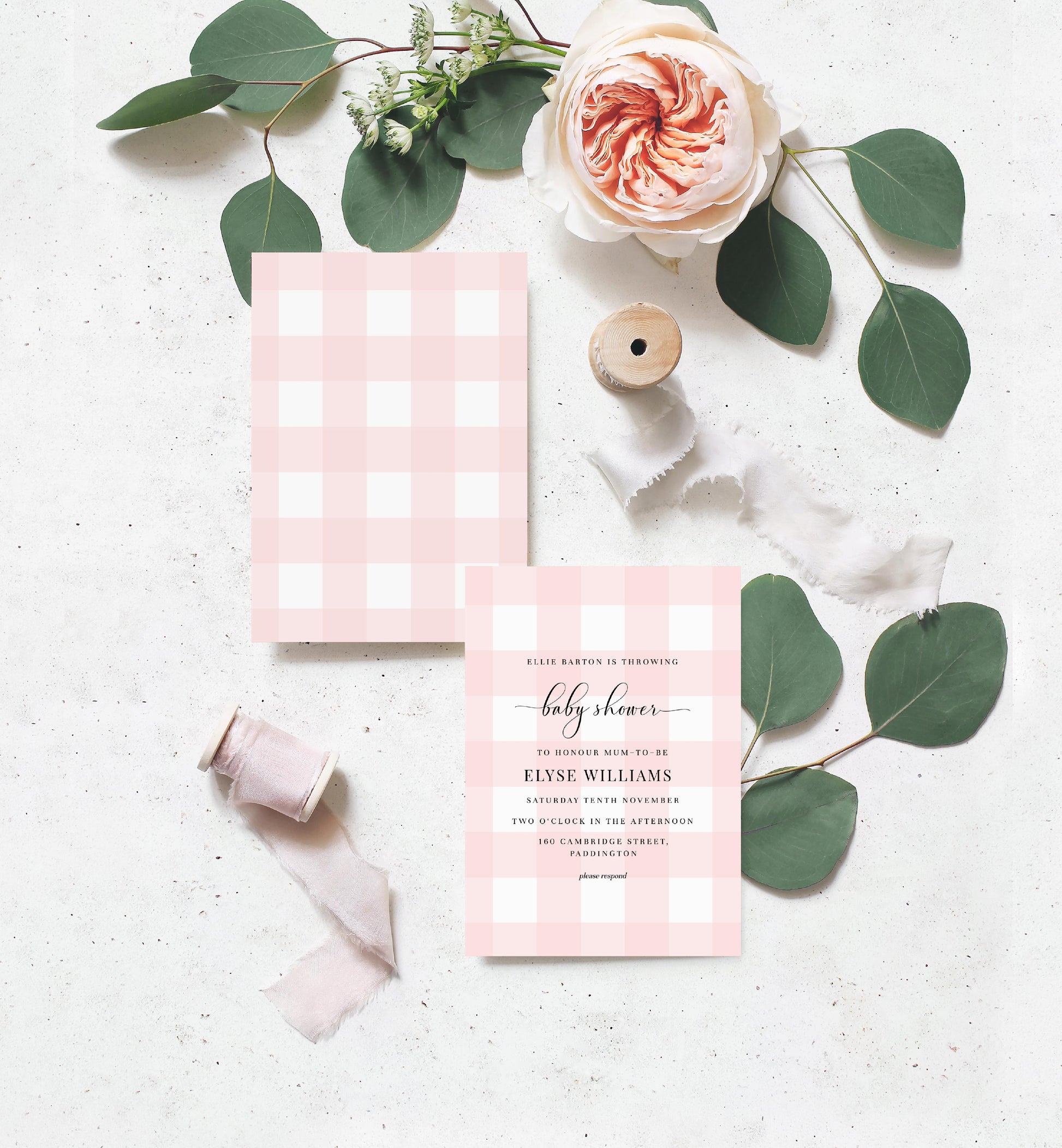 Gingham Pink | Printable Baby Shower Invitation Suite - Black Bow Studio
