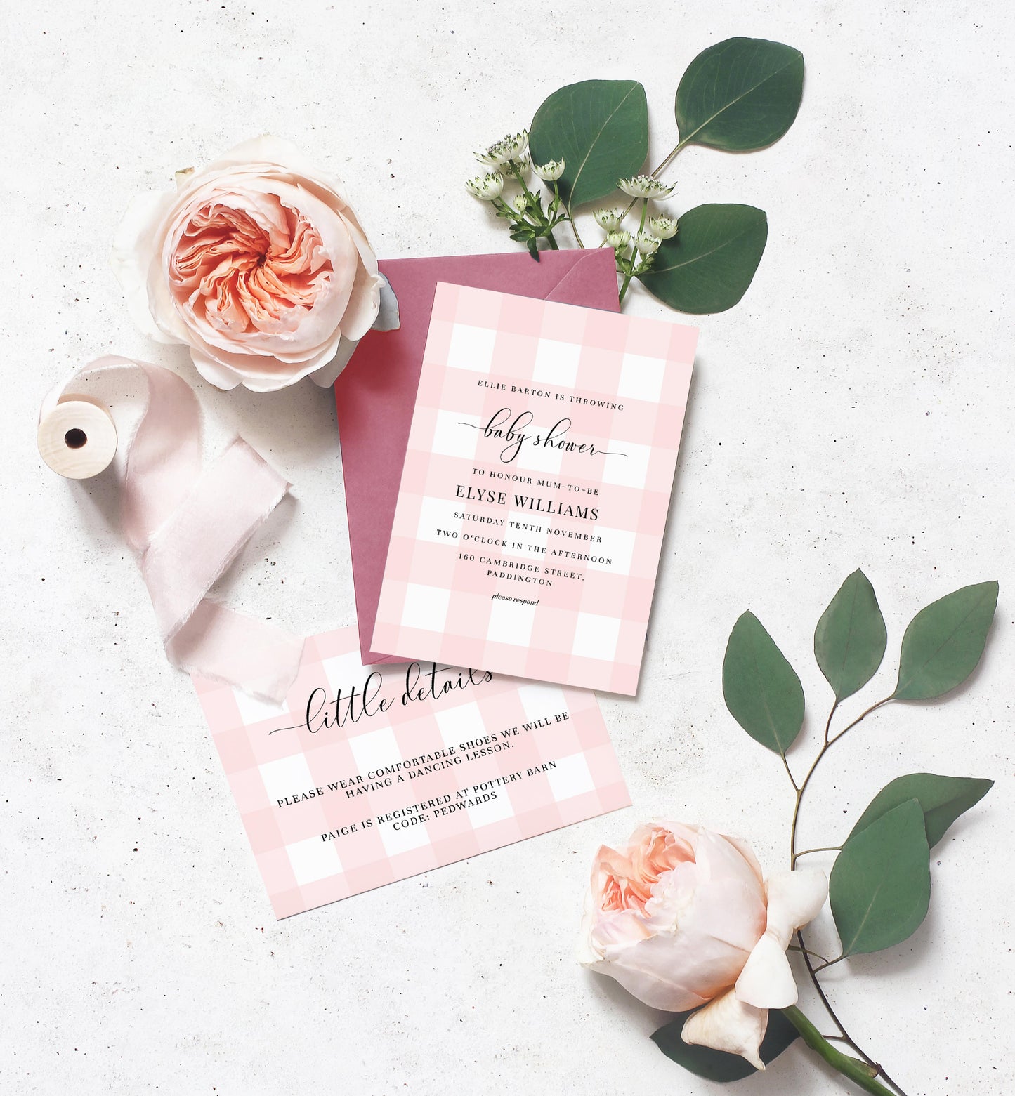 Gingham Pink | Printable Baby Shower Invitation Suite - Black Bow Studio