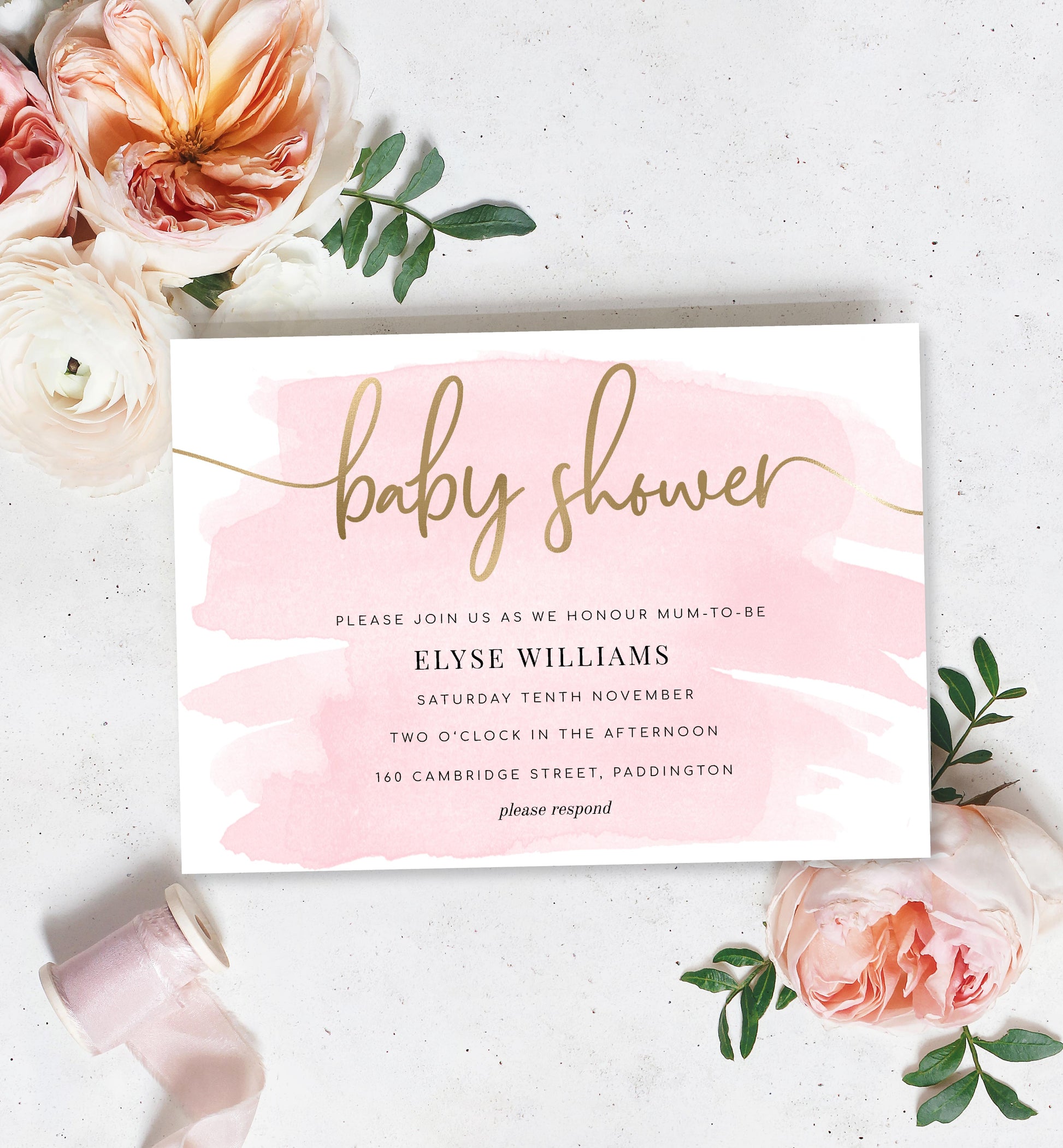 Watercolour Pink | Printable Baby Shower Invitation Suite - Black Bow Studio