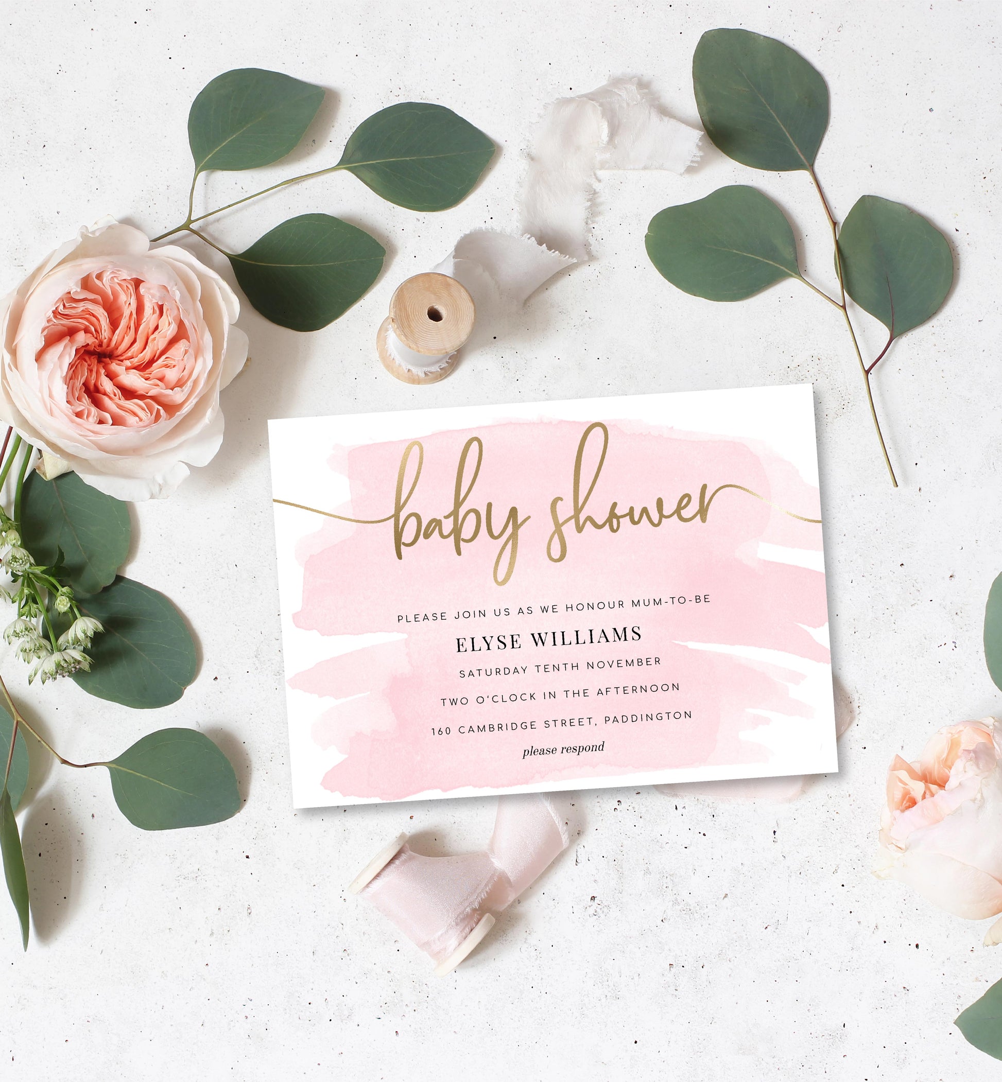 Watercolour Pink | Printable Baby Shower Invitation Suite - Black Bow Studio