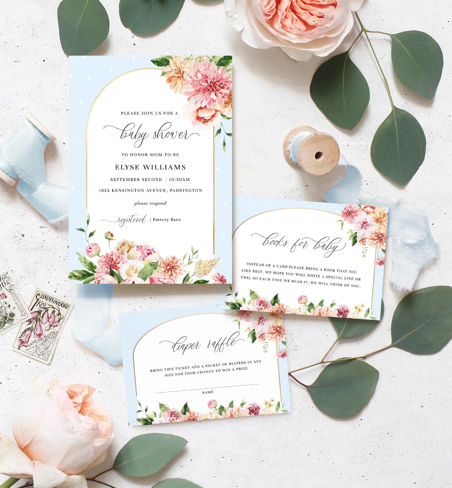 Quinn Floral Blue | Printable Baby Shower Invitation Suite