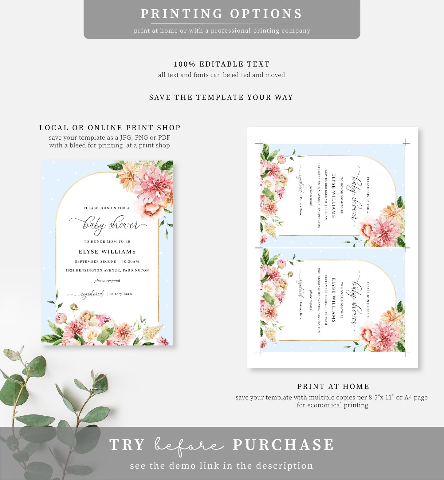 Quinn Floral Blue | Printable Baby Shower Invitation Suite