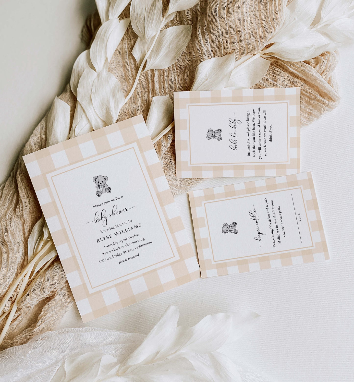 Gingham Tan Bear | Printable Baby Shower Invitation Suite Template