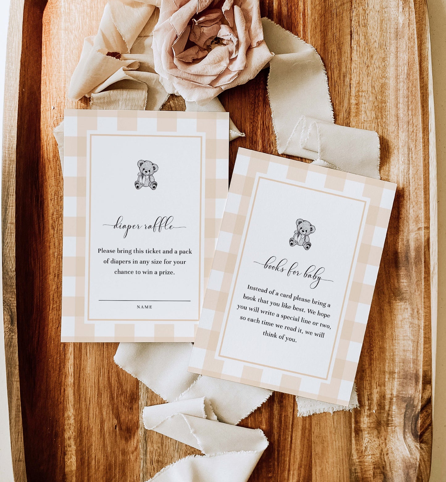 Gingham Tan Bear | Printable Baby Shower Invitation Suite Template