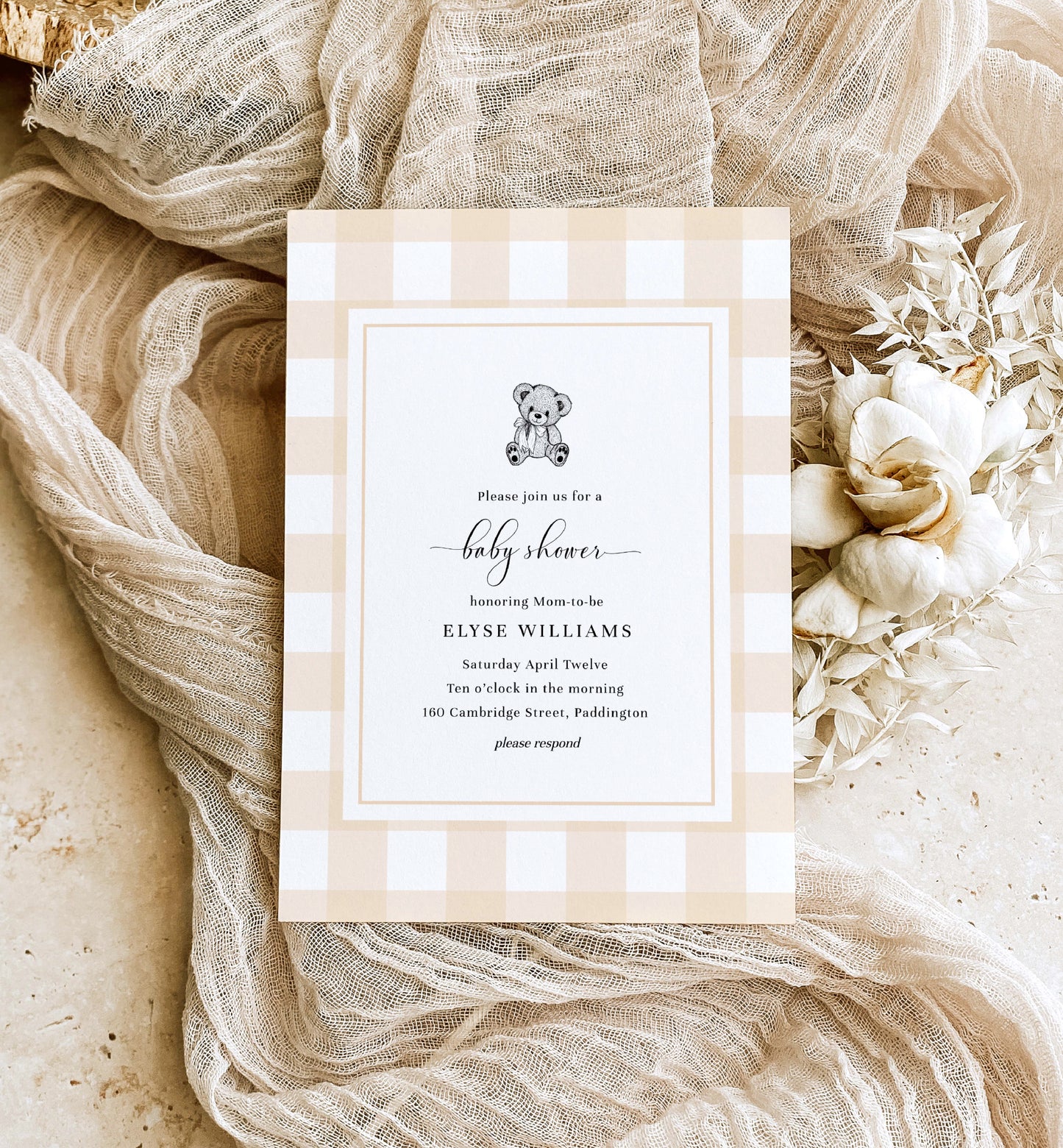 Gingham Tan Bear | Printable Baby Shower Invitation Suite Template