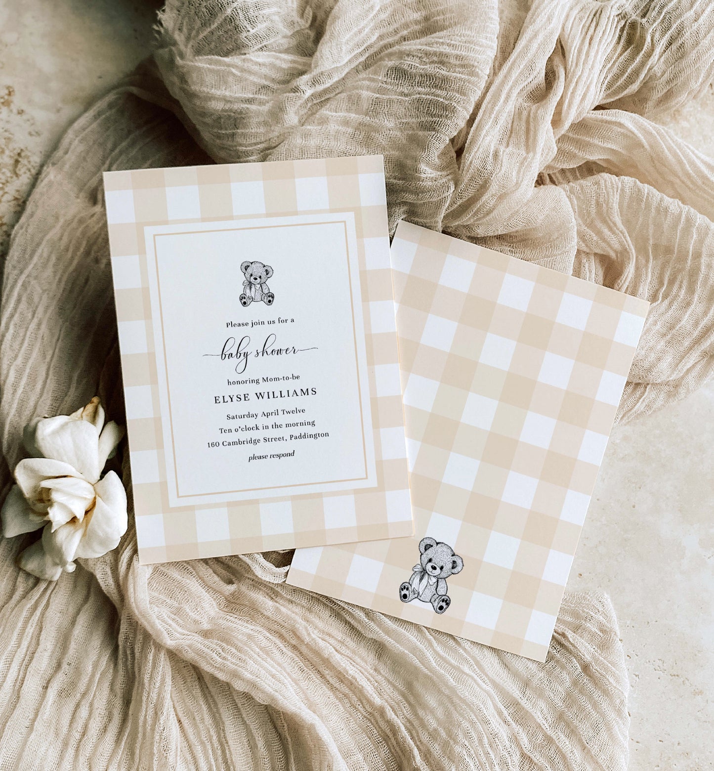 Gingham Tan Bear | Printable Baby Shower Invitation Suite Template