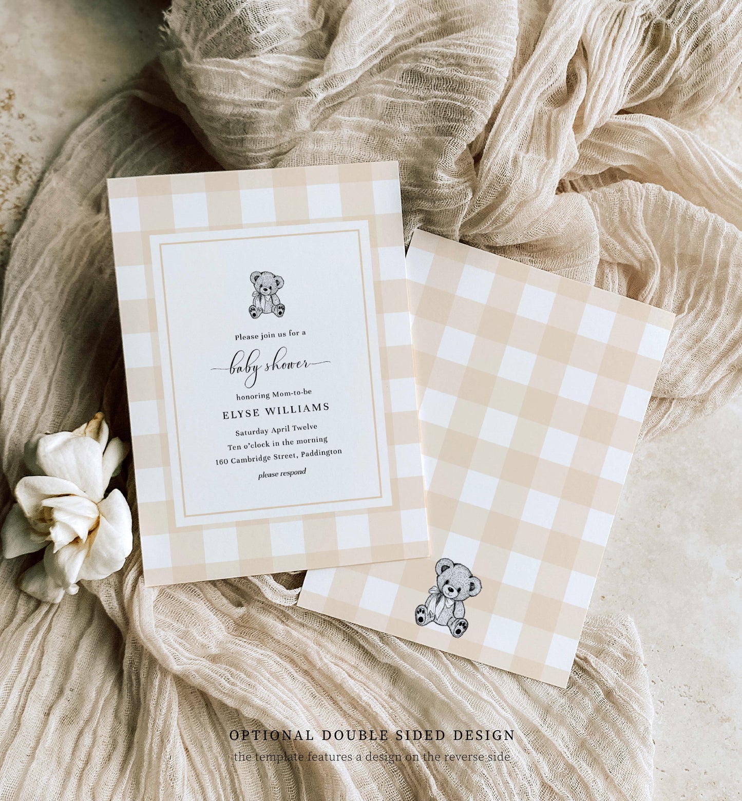 Gingham Tan Bear | Printable Baby Shower Invitation Suite Template