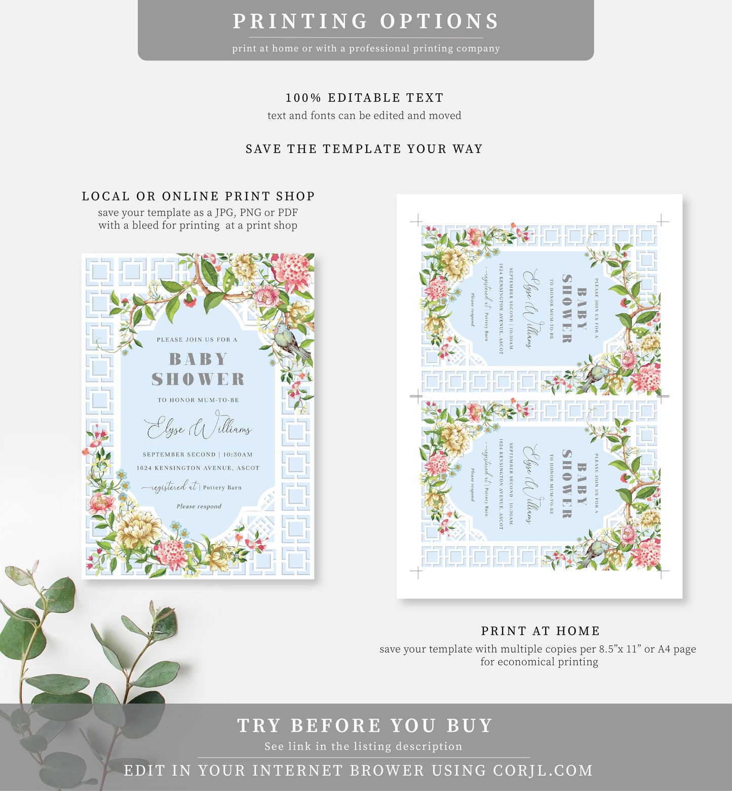 Trianon Blue | Printable Baby Shower Invitation Suite - Black Bow Studio