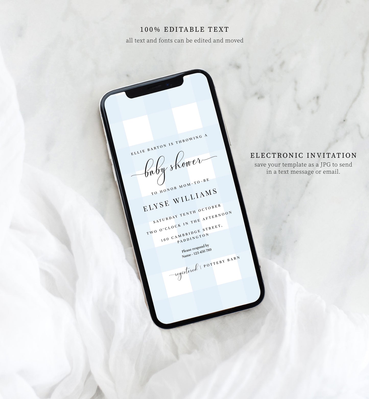 Gingham Blue | Smartphone Baby Shower Invitation Template
