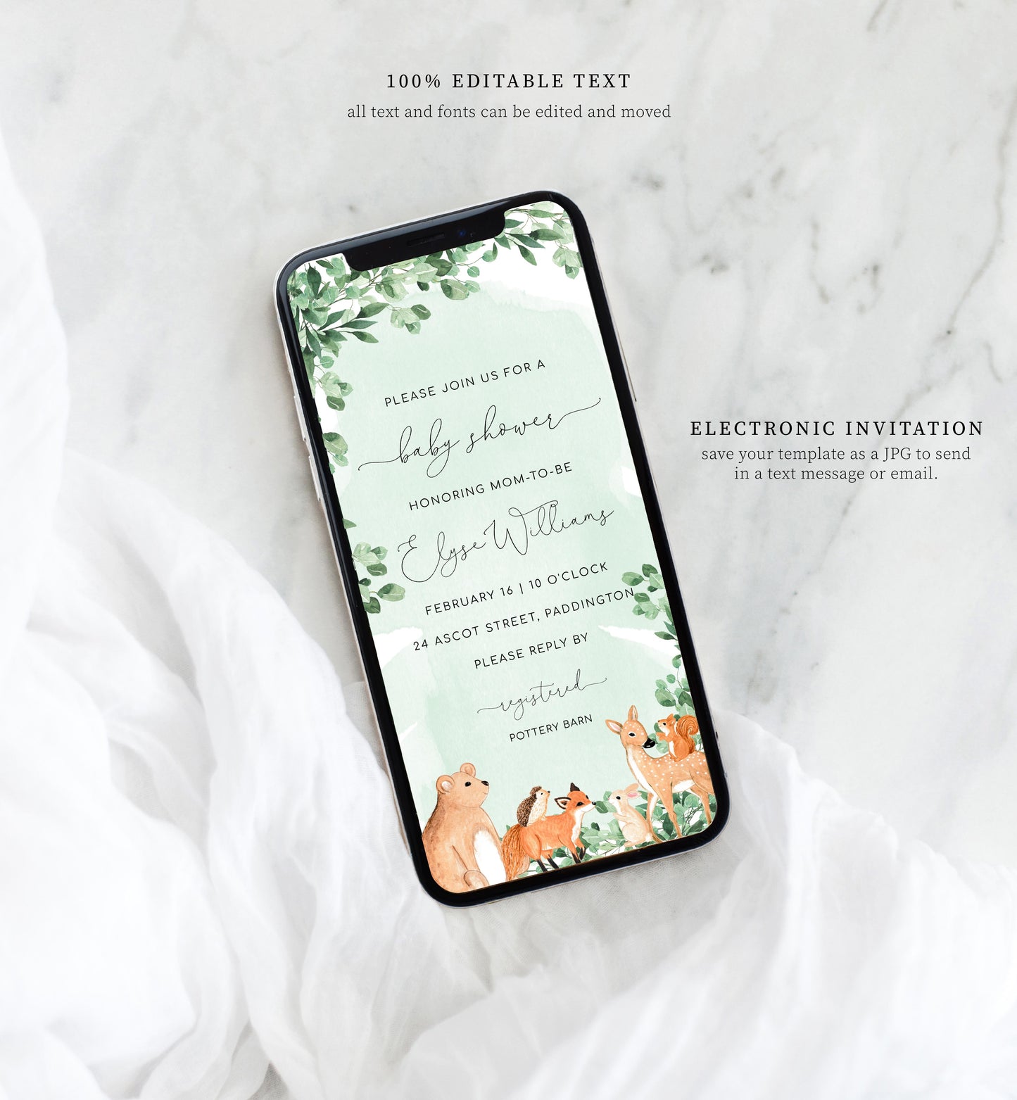 Woodland Animals Green | Smartphone Baby Shower Invitation