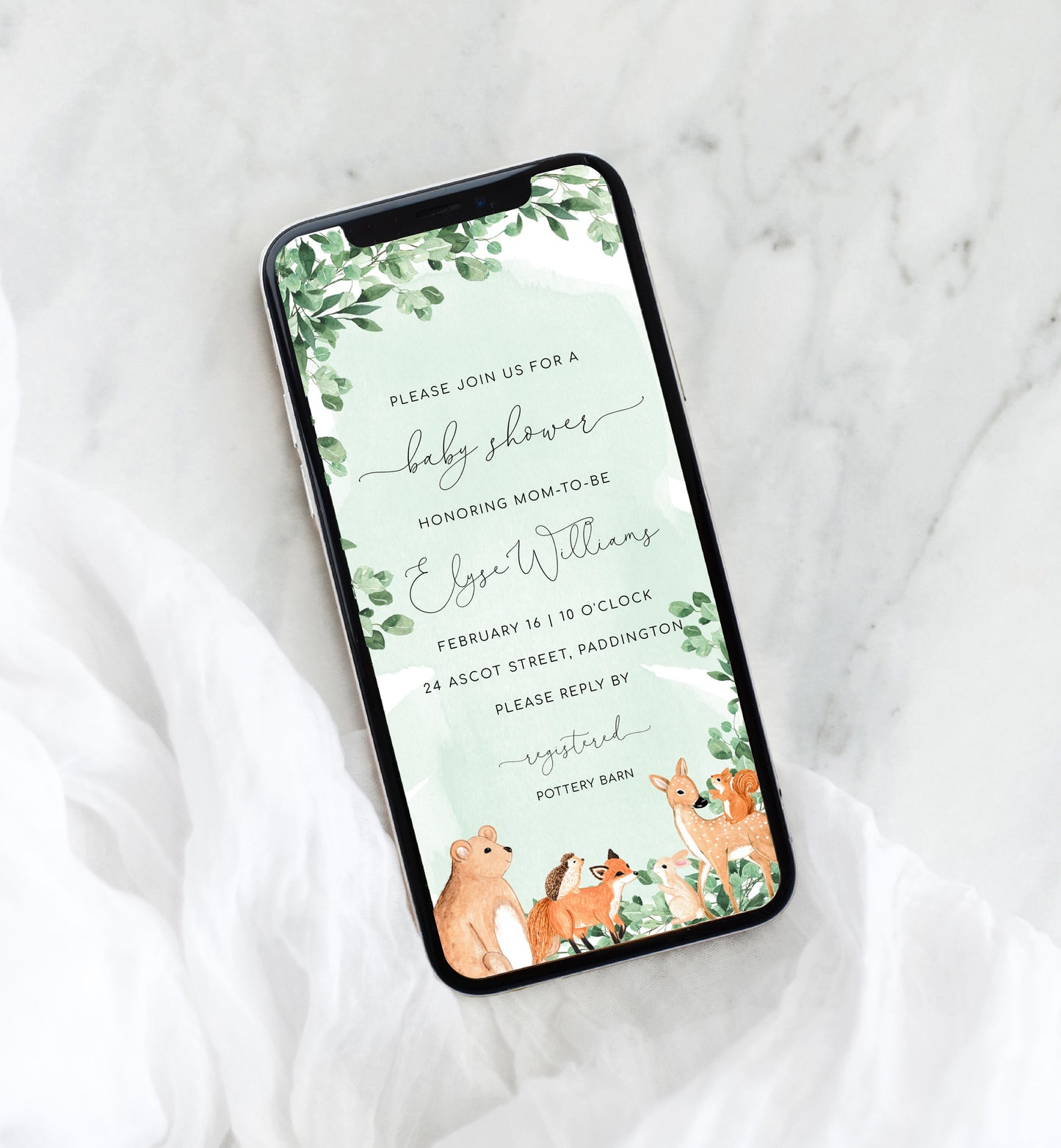 Woodland Animals Green | Smartphone Baby Shower Invitation