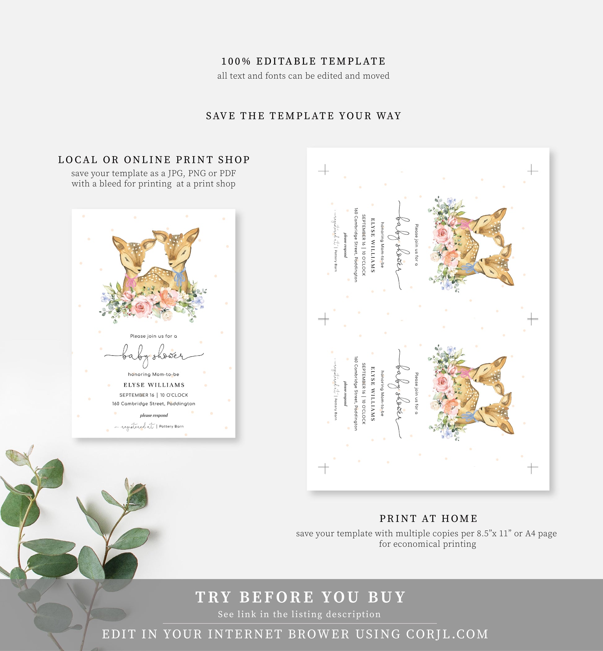 Oh Deer Champagne | Twins Baby Shower Invitation Suite - Black Bow Studio