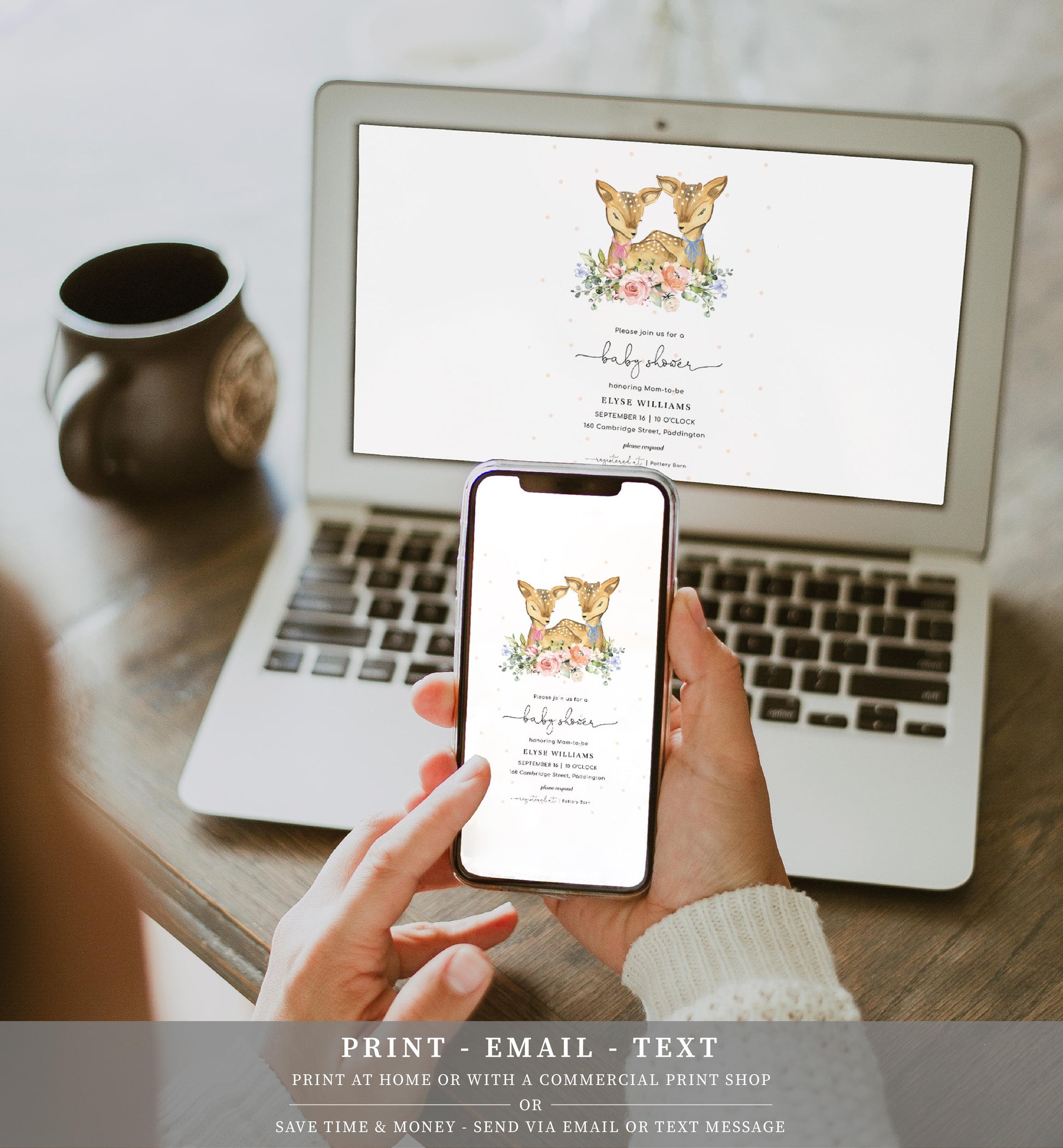Oh Deer Champagne | Twins Baby Shower Invitation Suite - Black Bow Studio
