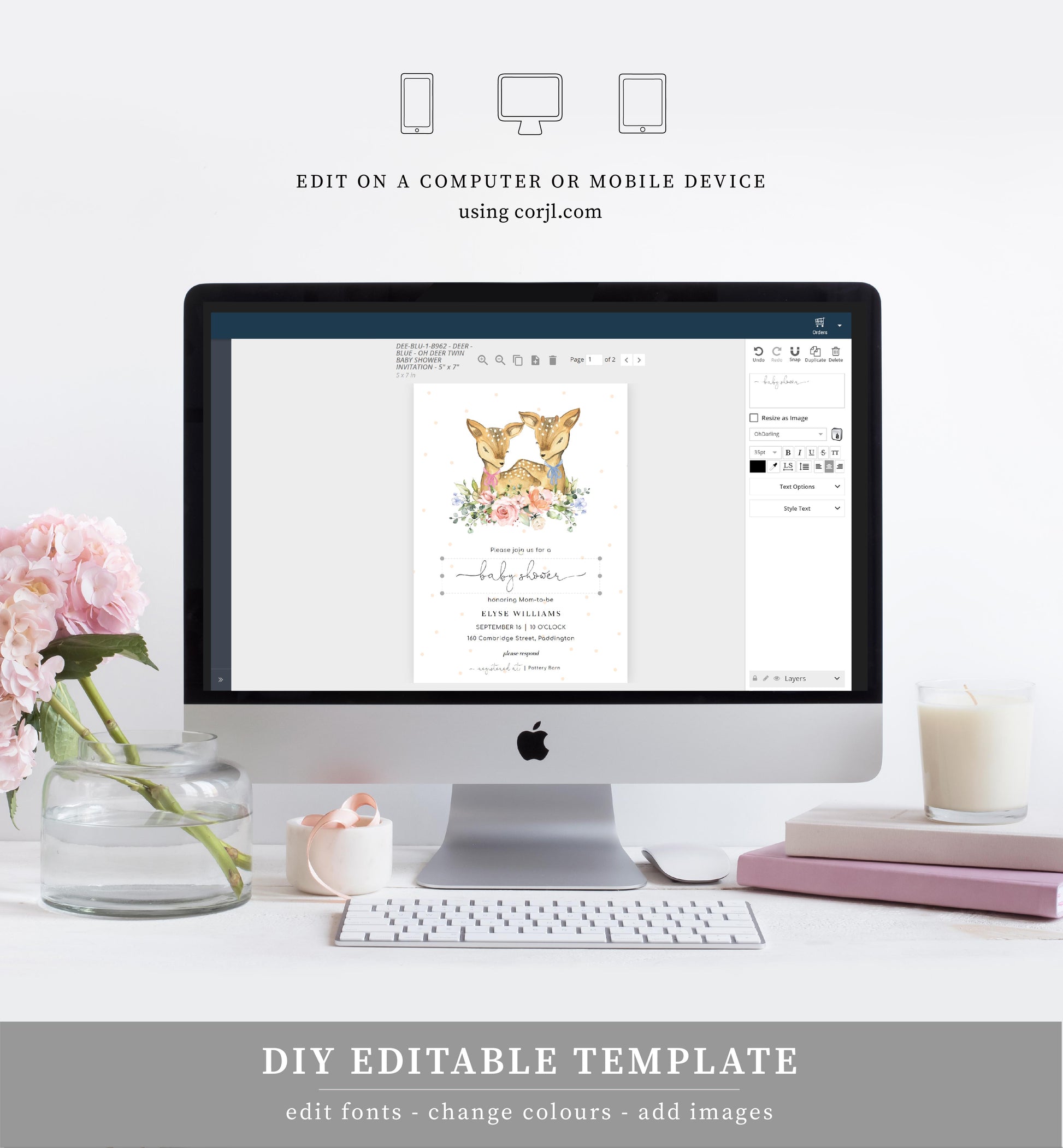 Oh Deer Champagne | Twins Baby Shower Invitation Suite - Black Bow Studio