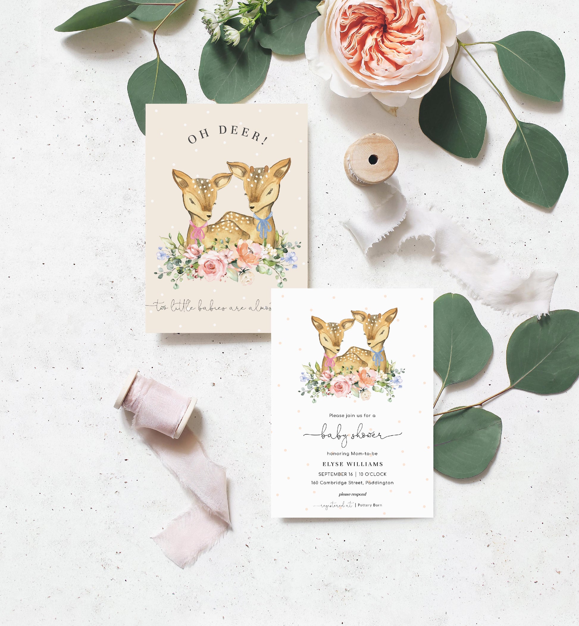 Oh Deer Champagne | Twins Baby Shower Invitation Suite - Black Bow Studio